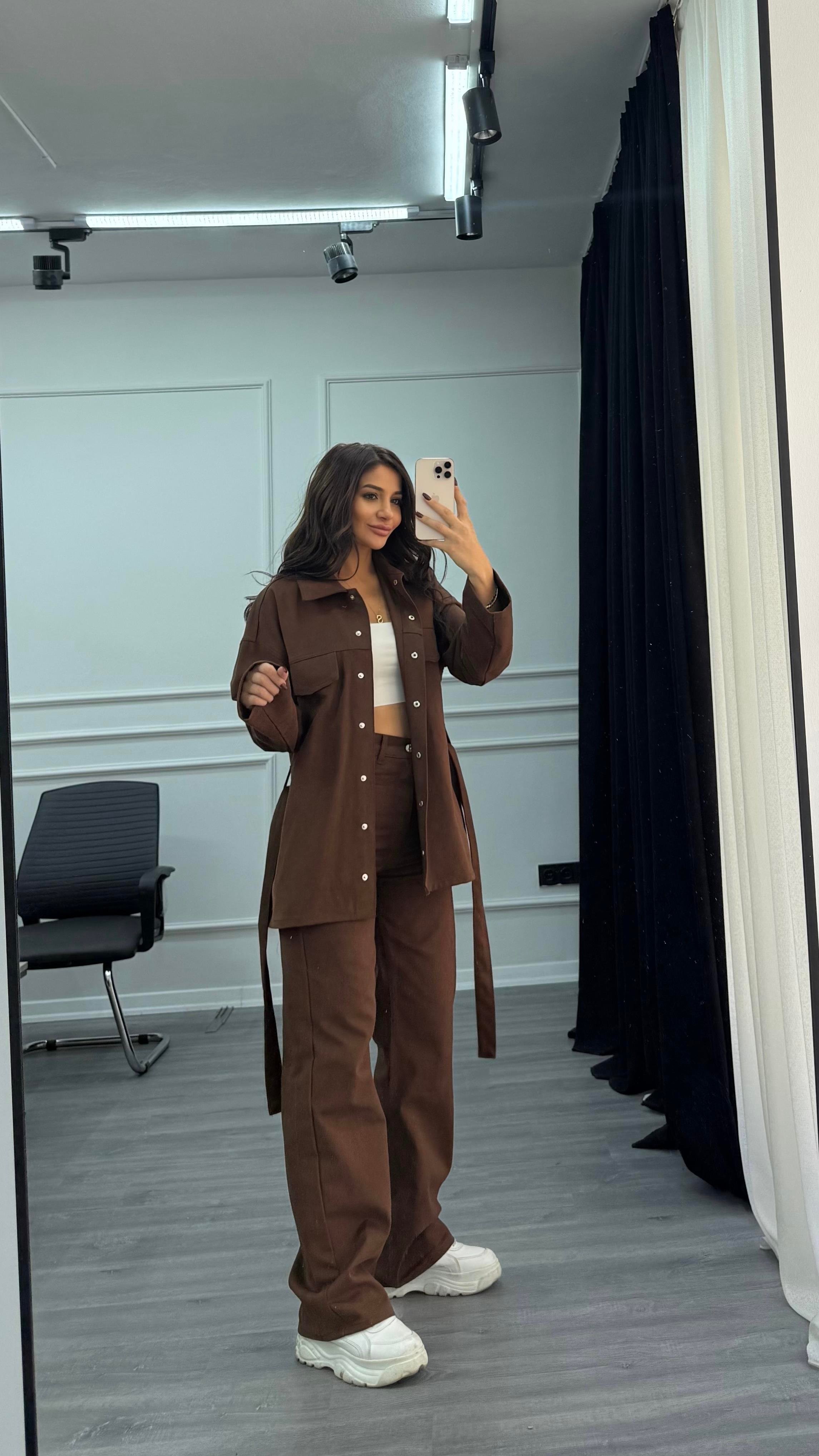 Kahve Bağlamalı Ceket ve Pantolon Denim Takım
