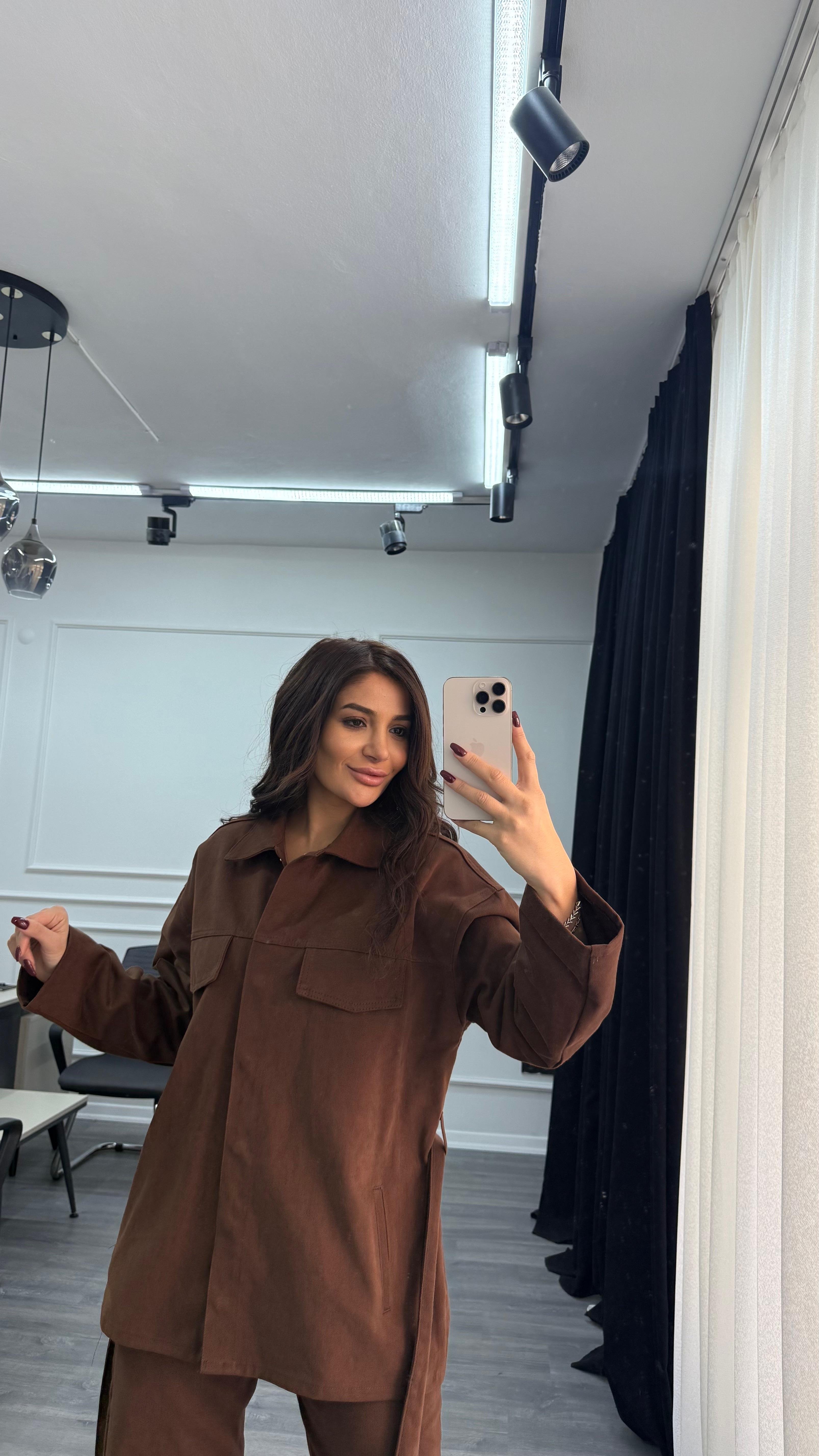 Kahve Bağlamalı Ceket ve Pantolon Denim Takım