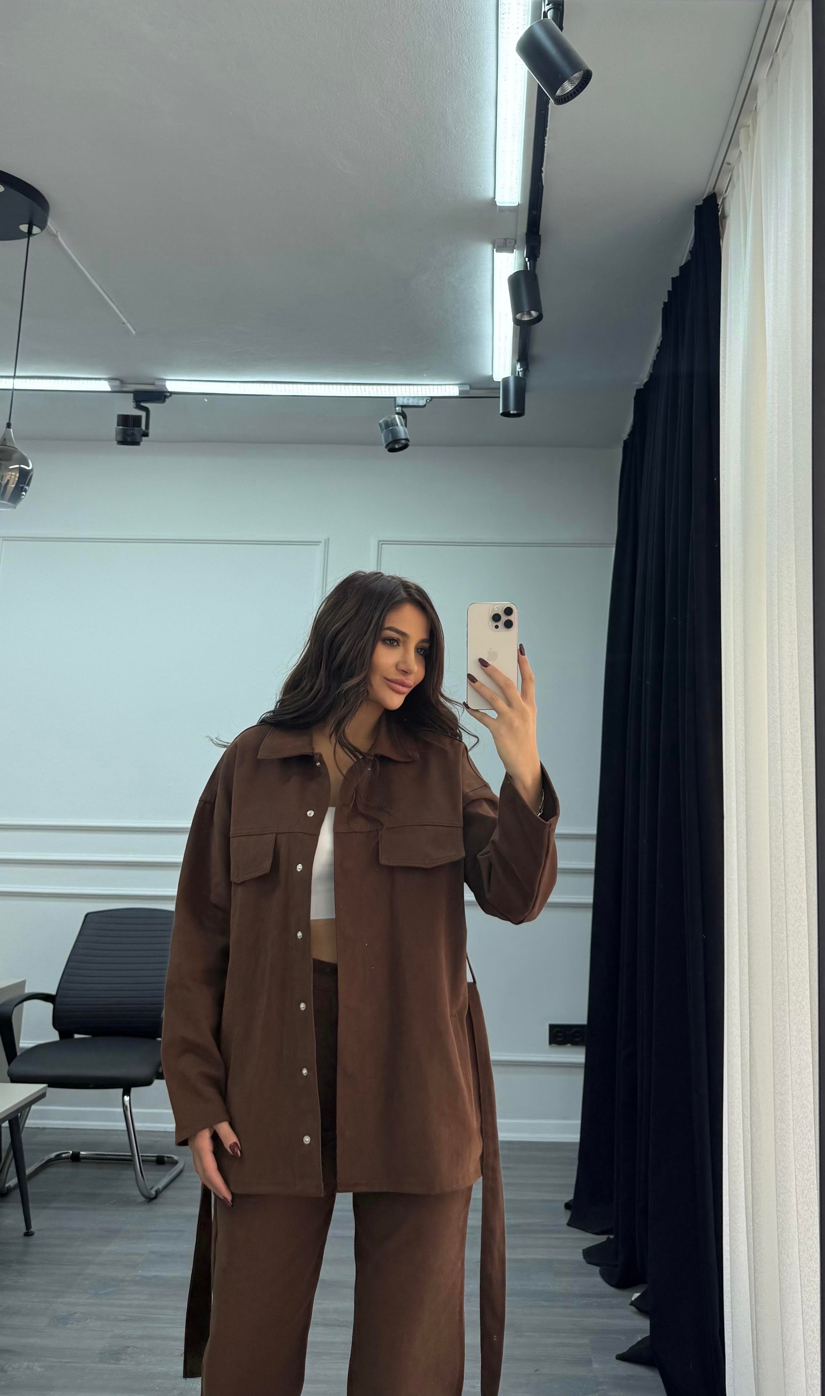 Kahve Bağlamalı Ceket ve Pantolon Denim Takım