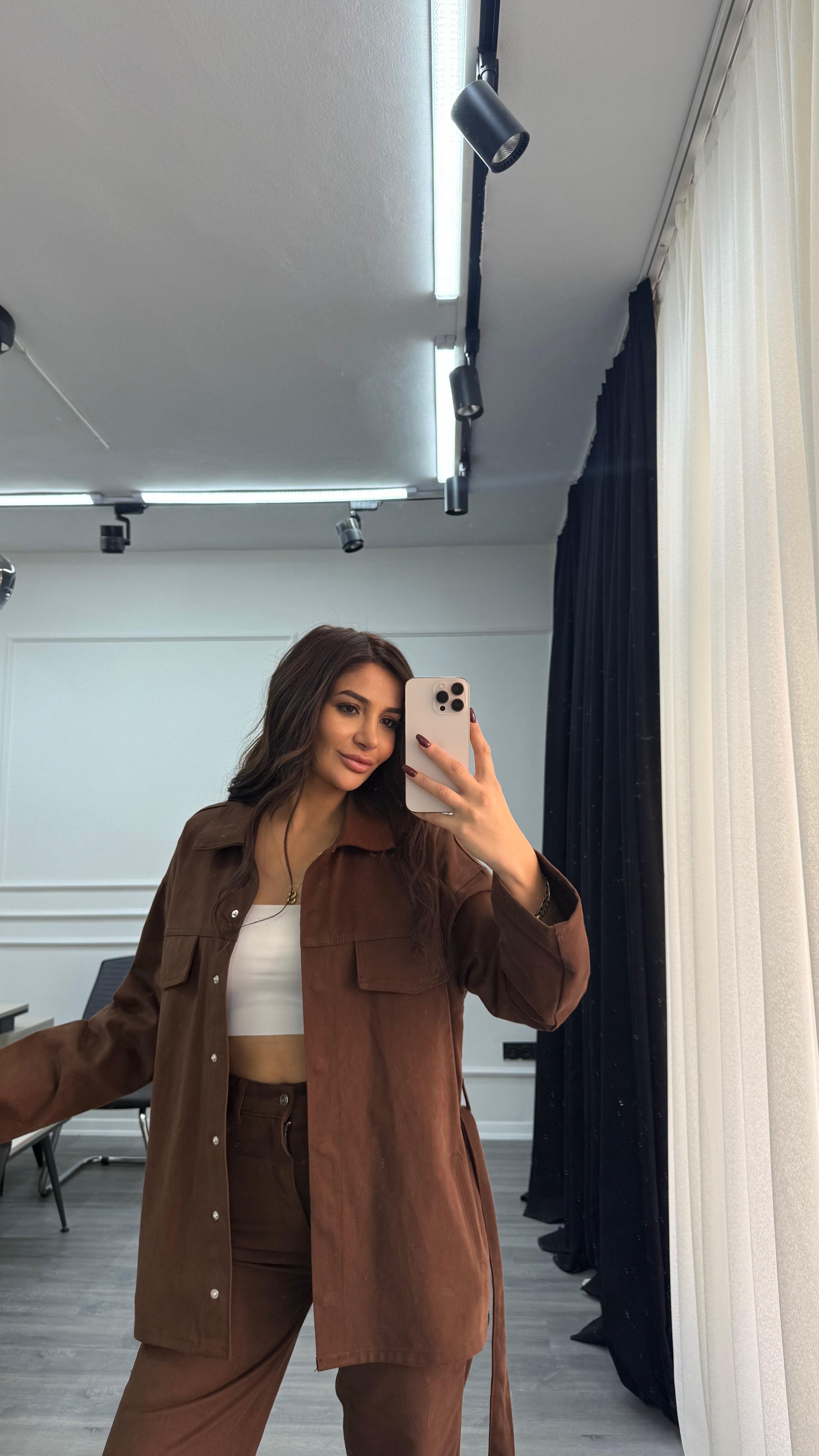Kahve Bağlamalı Ceket ve Pantolon Denim Takım