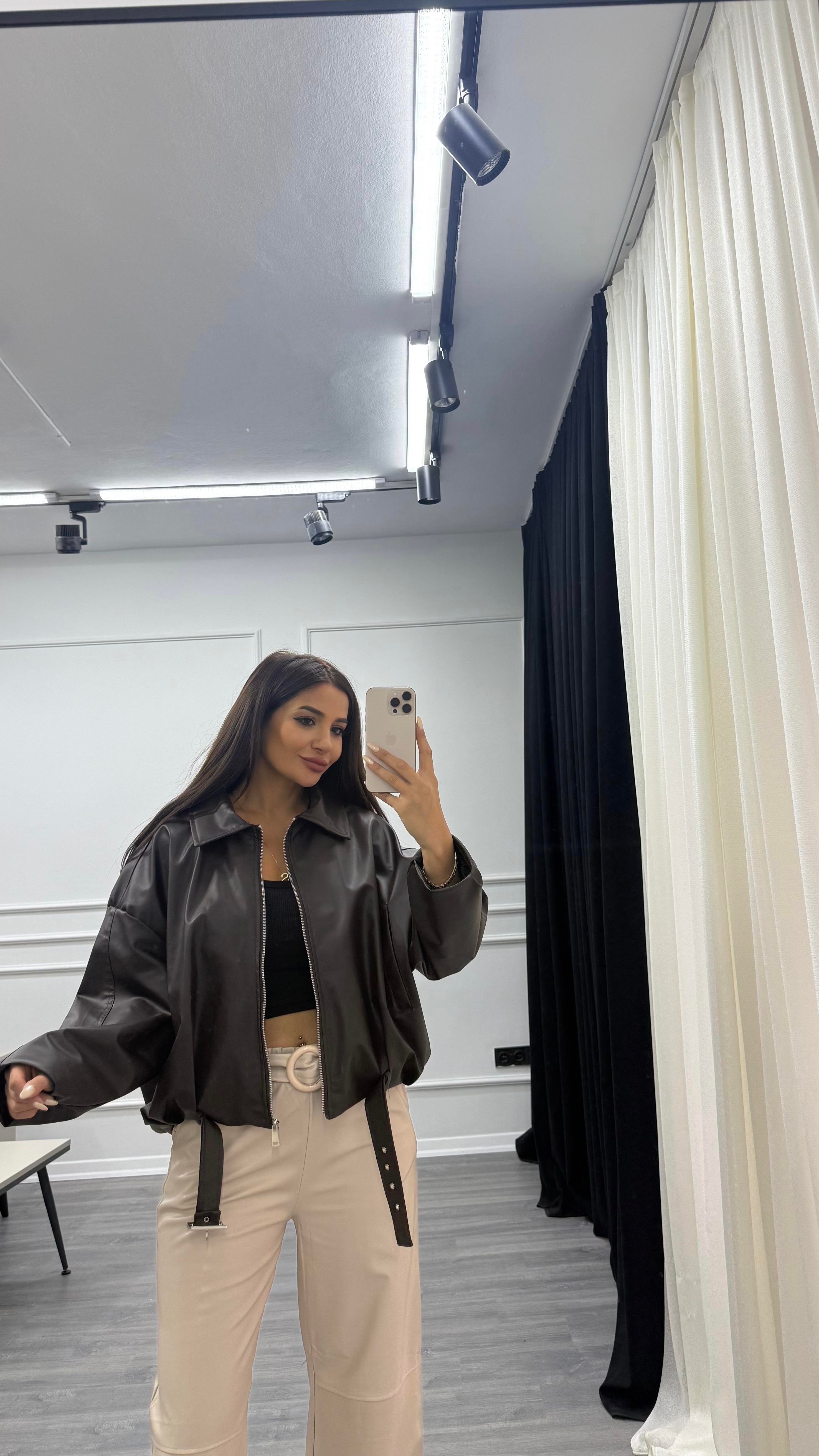 Kahverengi Beli Kemerli Bomber Oversize Deri Ceket