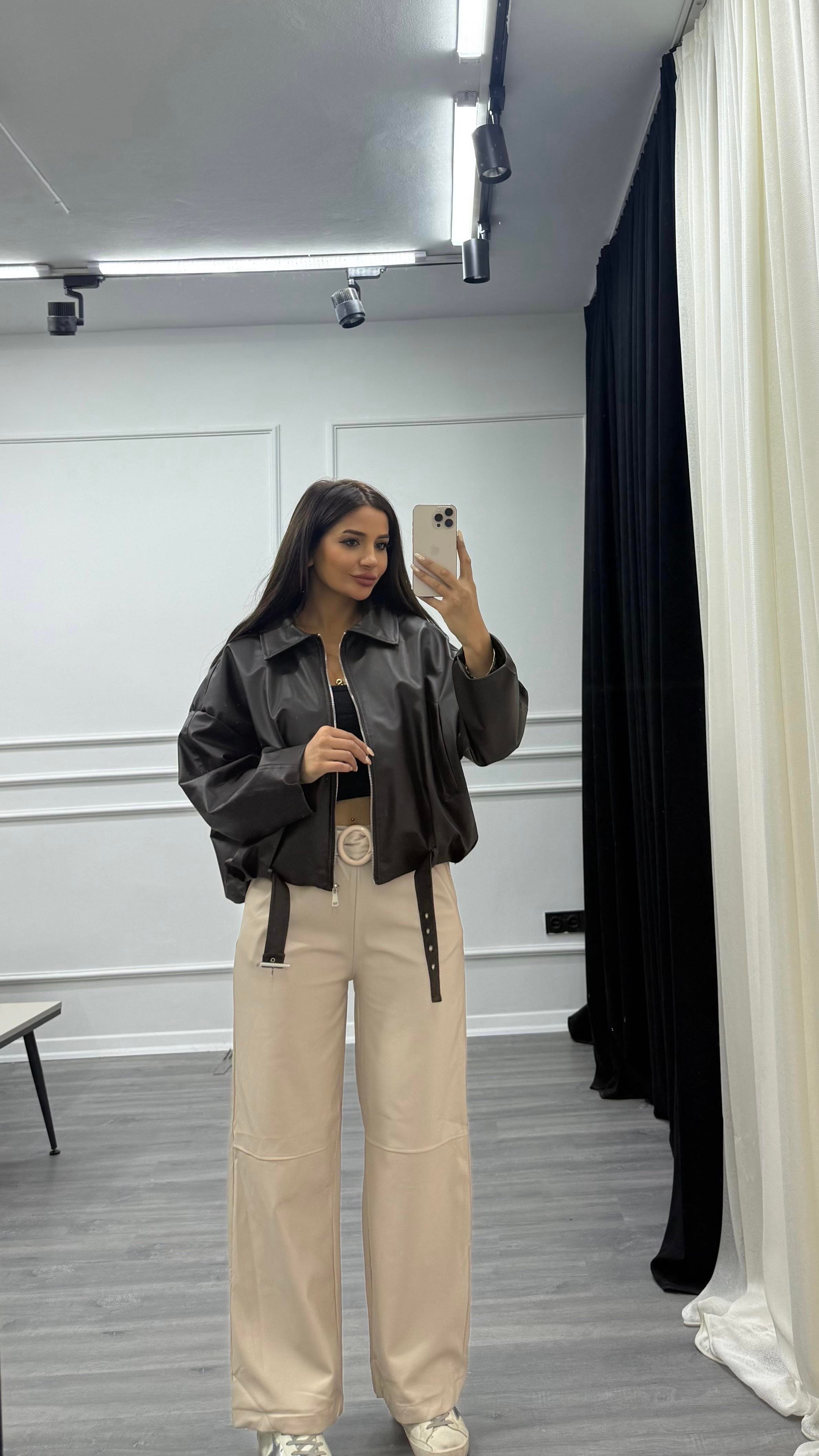 Kahverengi Beli Kemerli Bomber Oversize Deri Ceket
