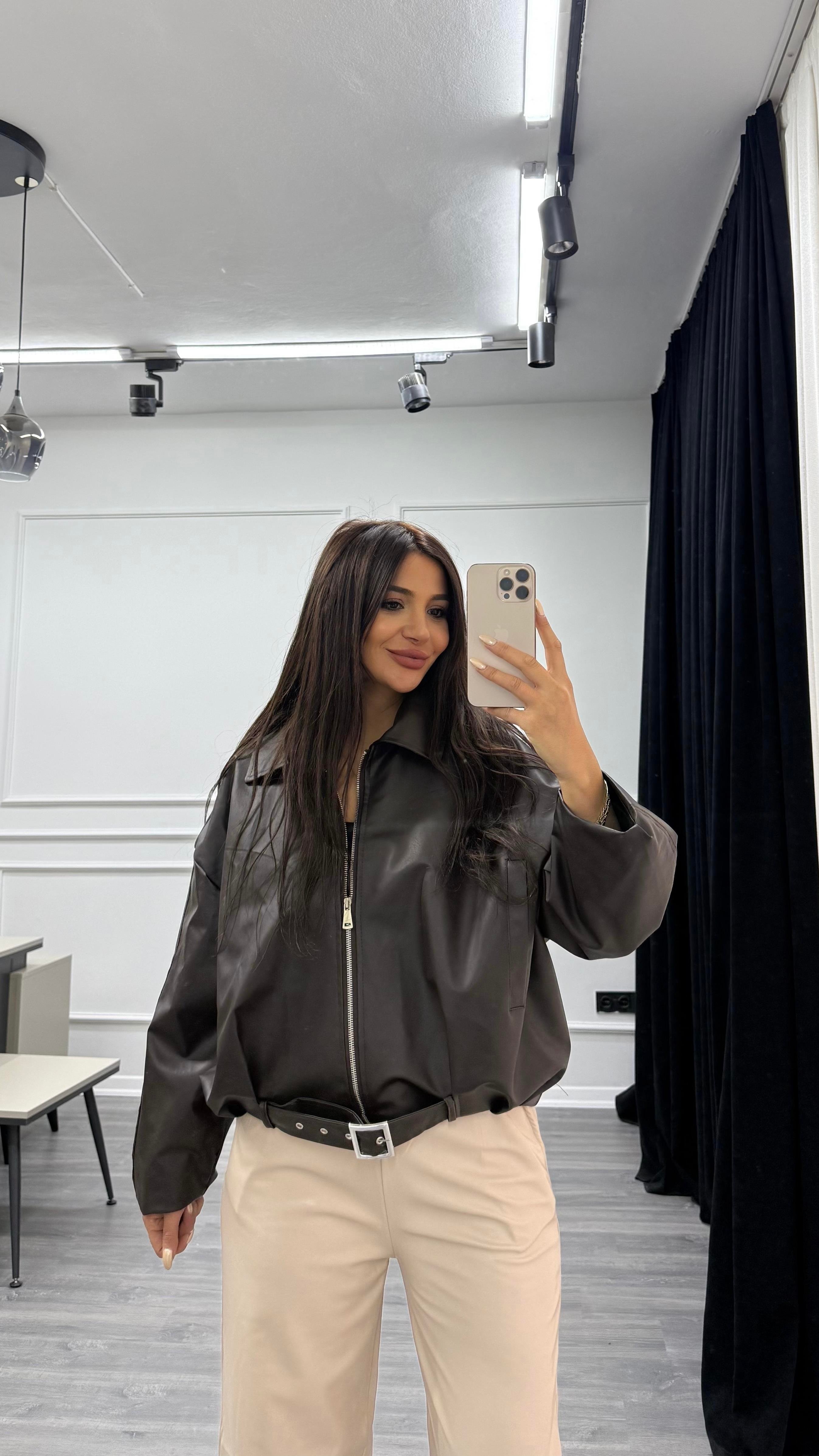 Kahverengi Beli Kemerli Bomber Oversize Deri Ceket
