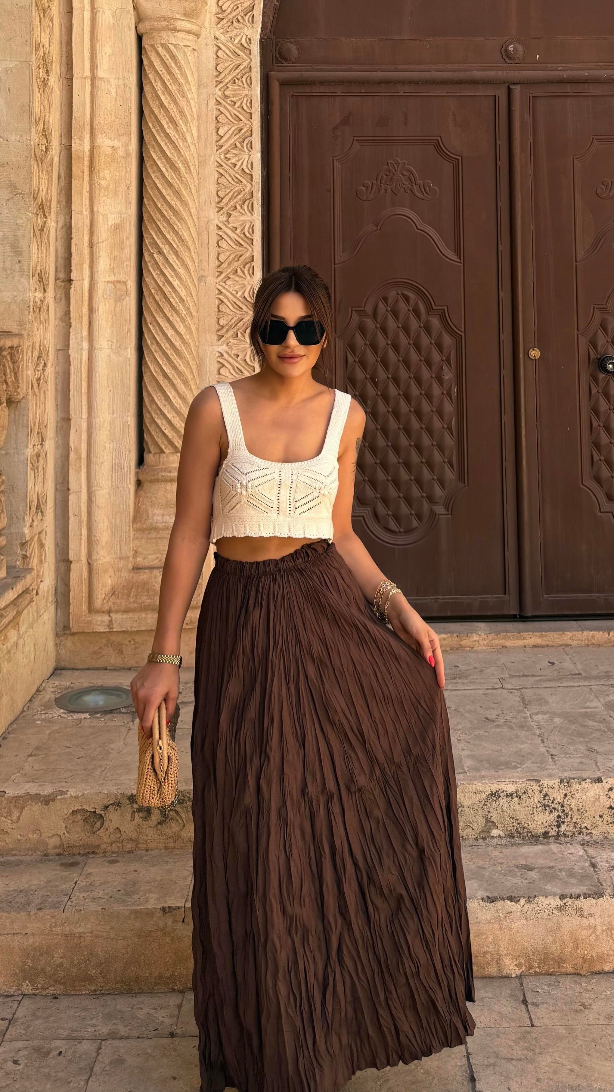 Kahverengi Kadın Beli Lastikli Crush Efektli Uzun Etek