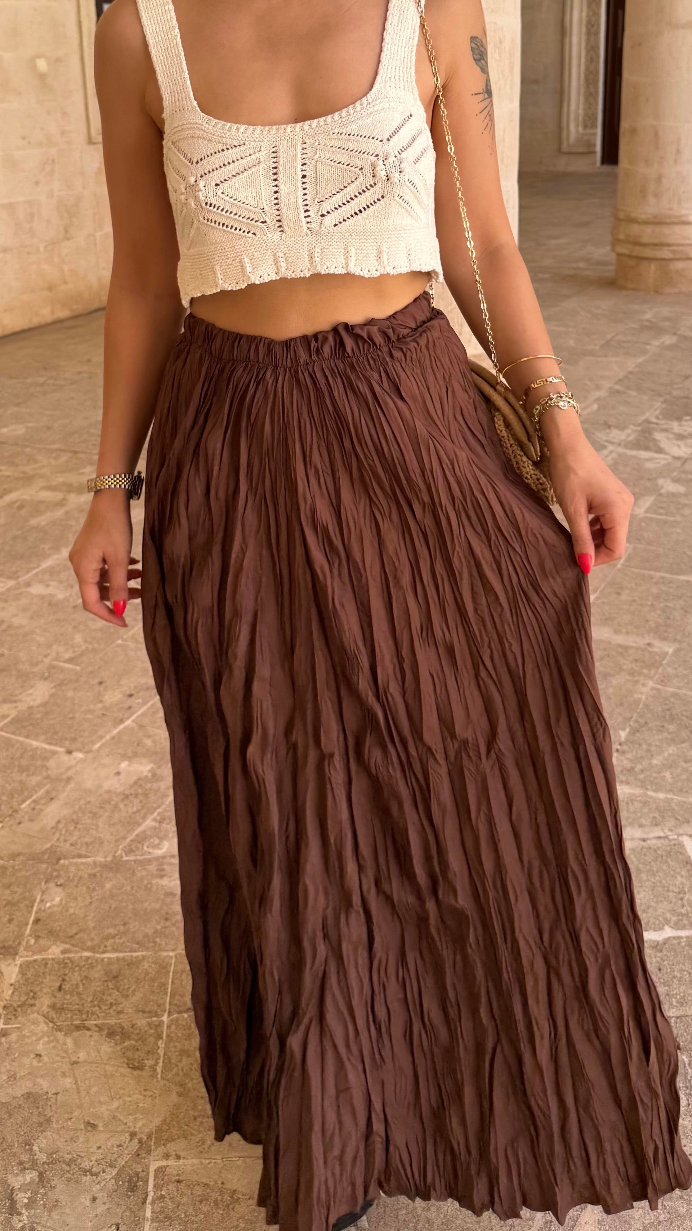 Kahverengi Kadın Beli Lastikli Crush Efektli Uzun Etek