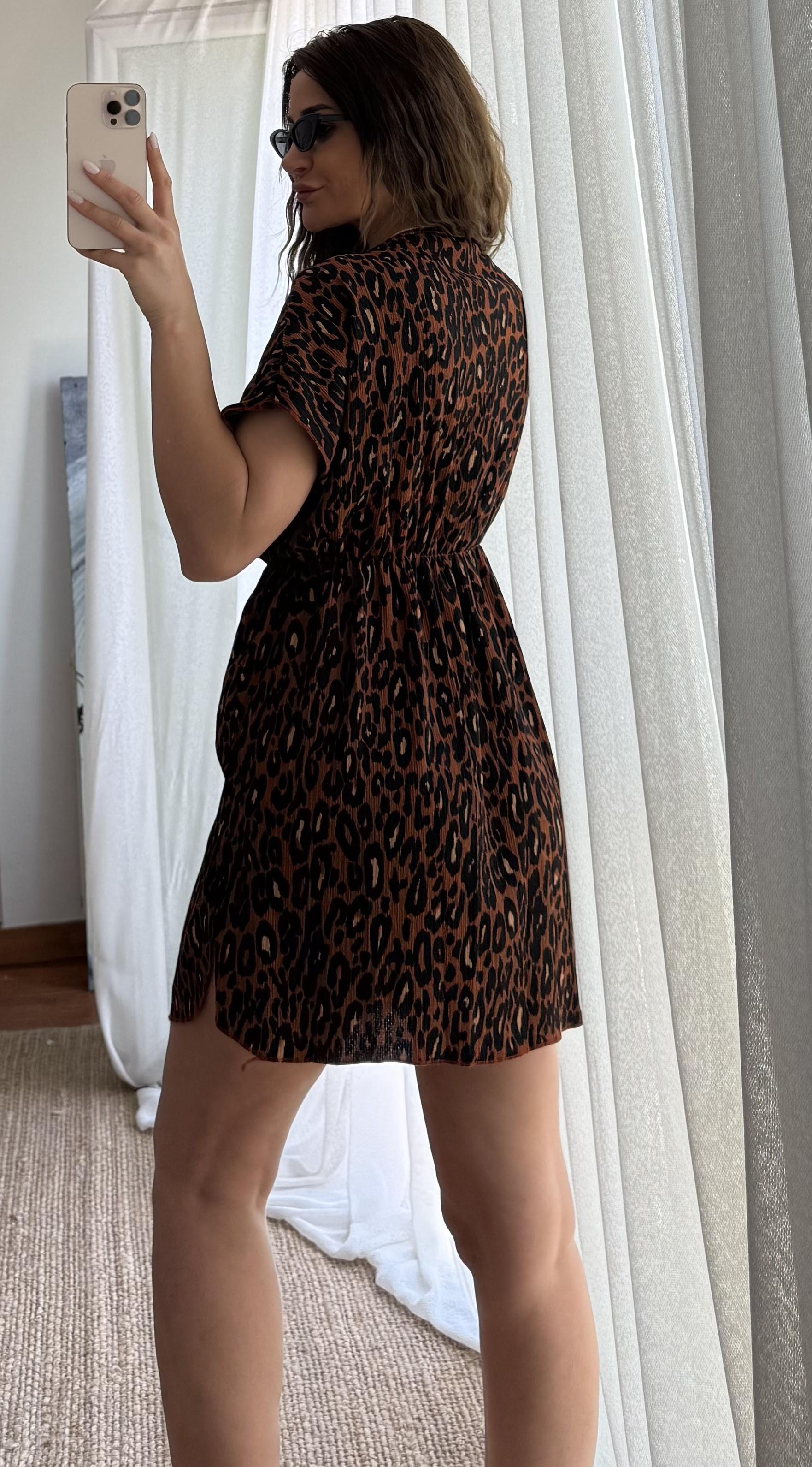 Kahverengi Leopar Desenli  Elbise