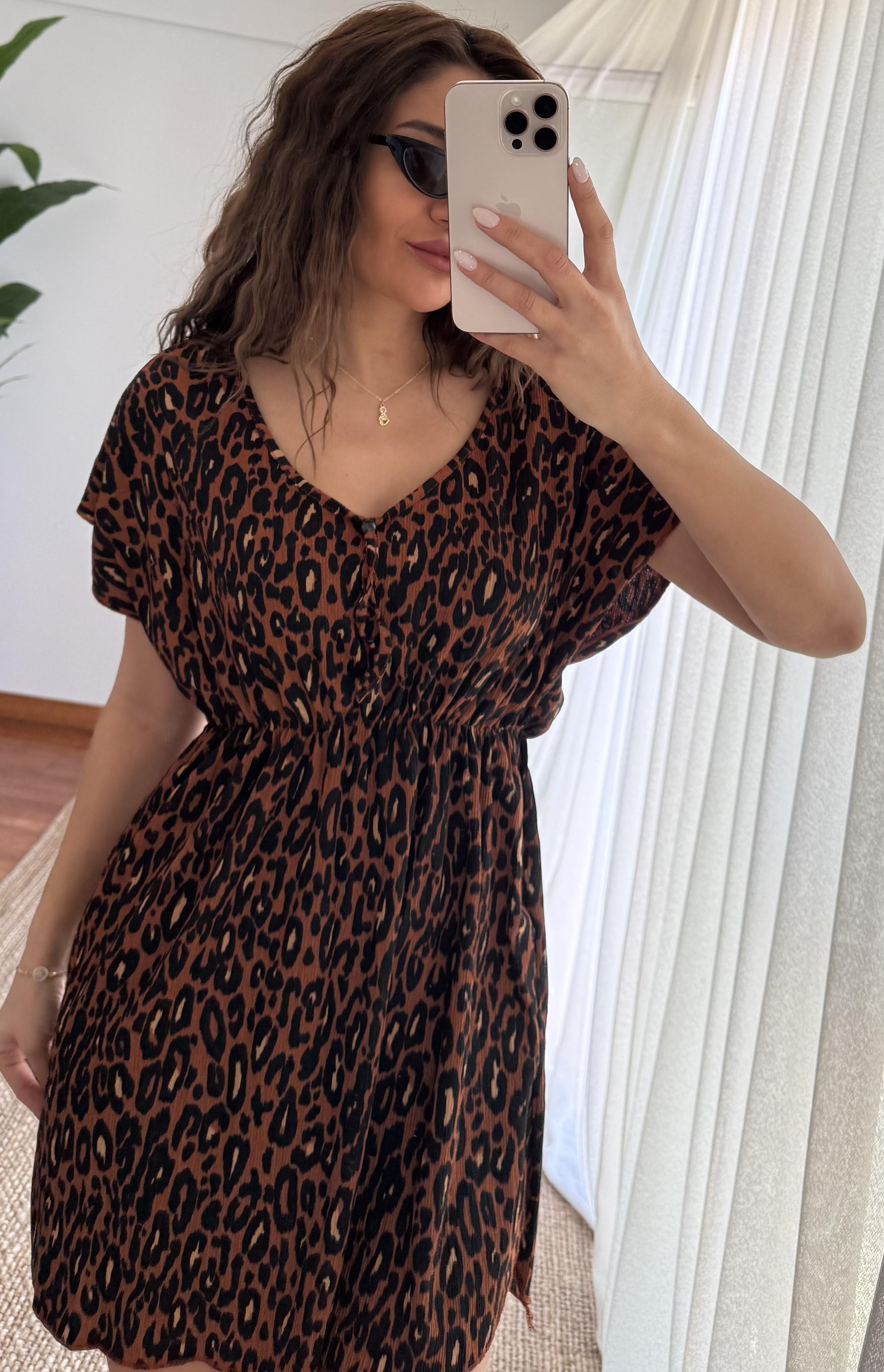 Kahverengi Leopar Desenli  Elbise