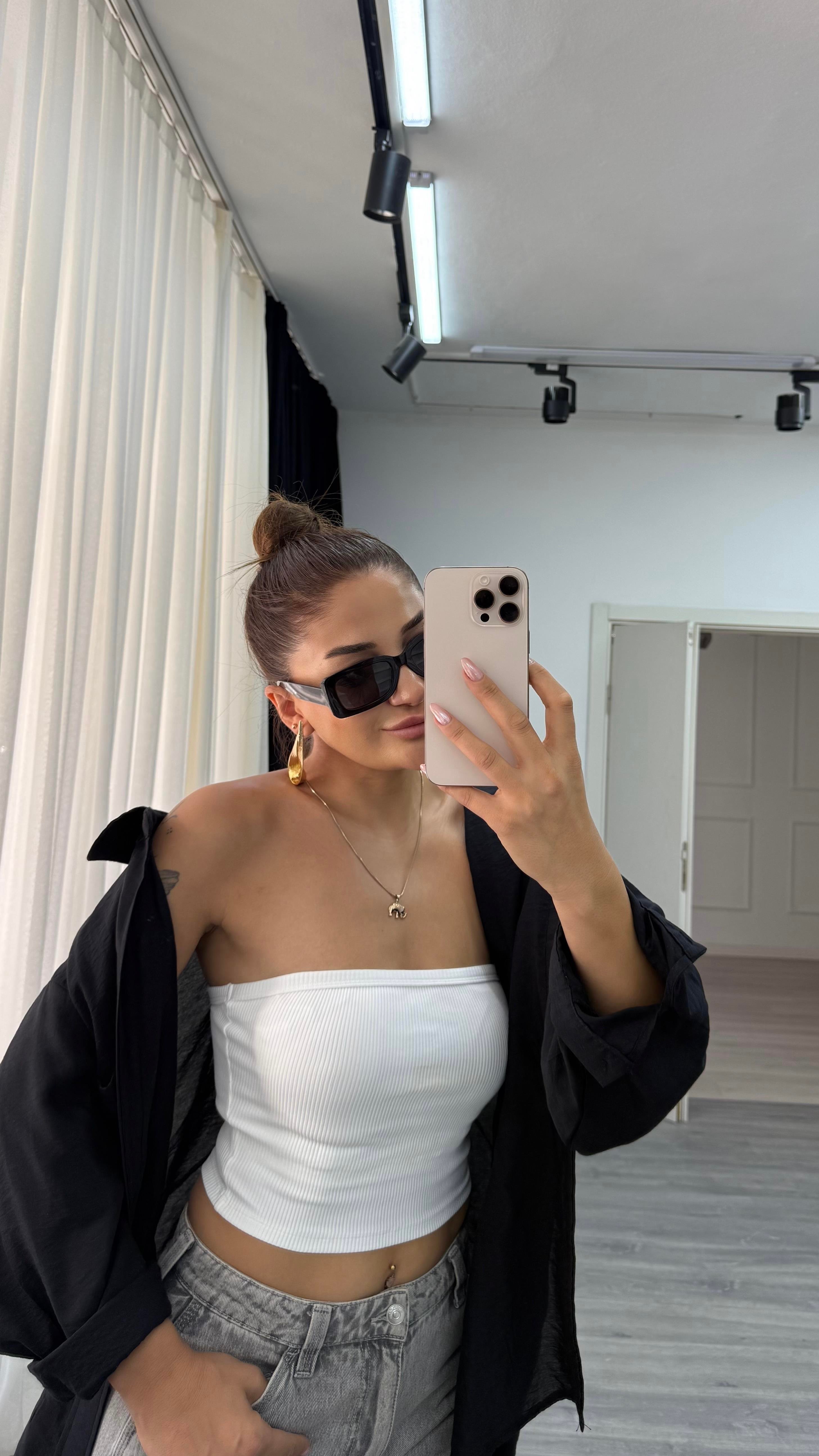 Kaplı Straplez Düz Crop-Beyaz