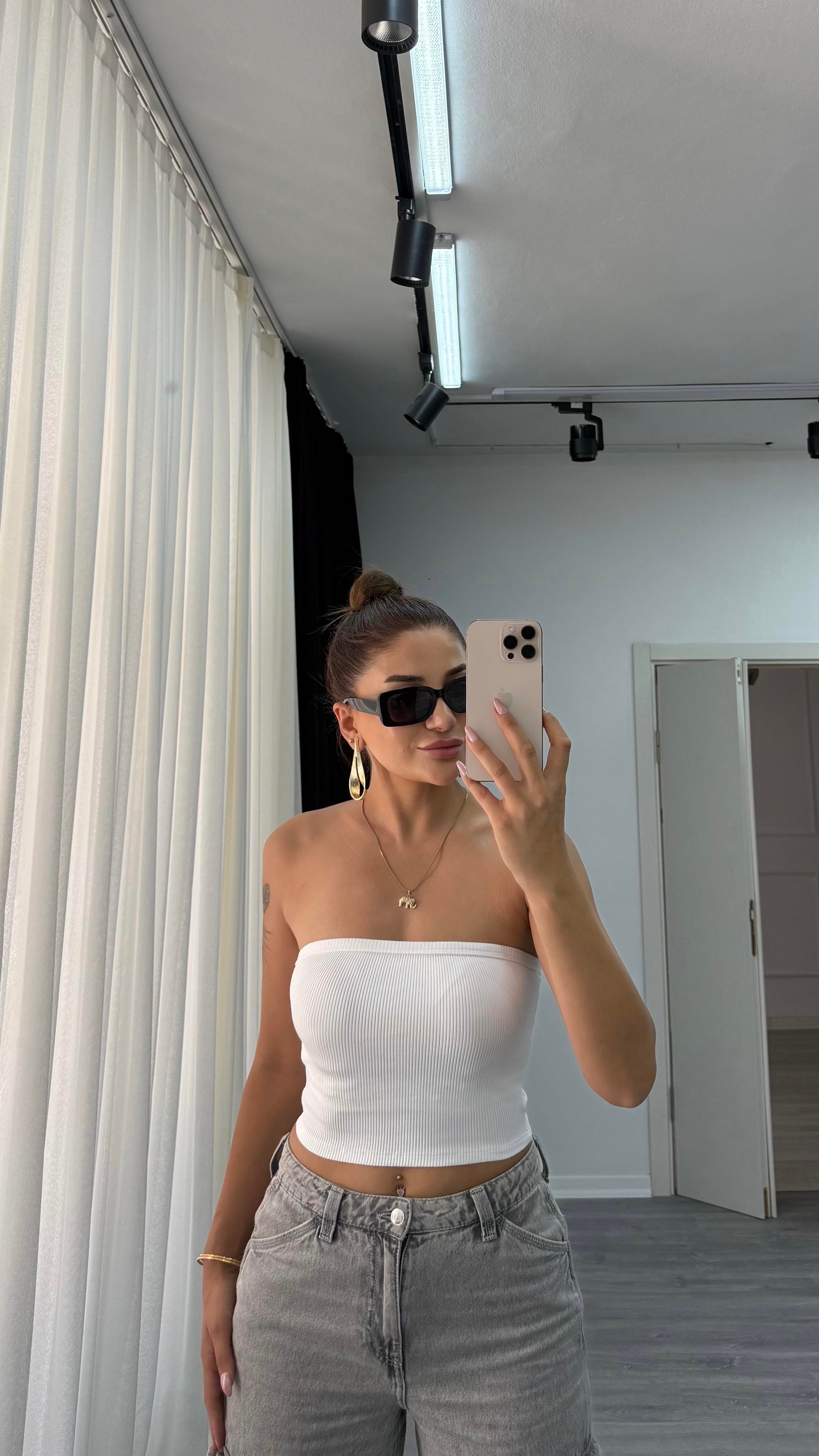 Kaplı Straplez Düz Crop-Beyaz