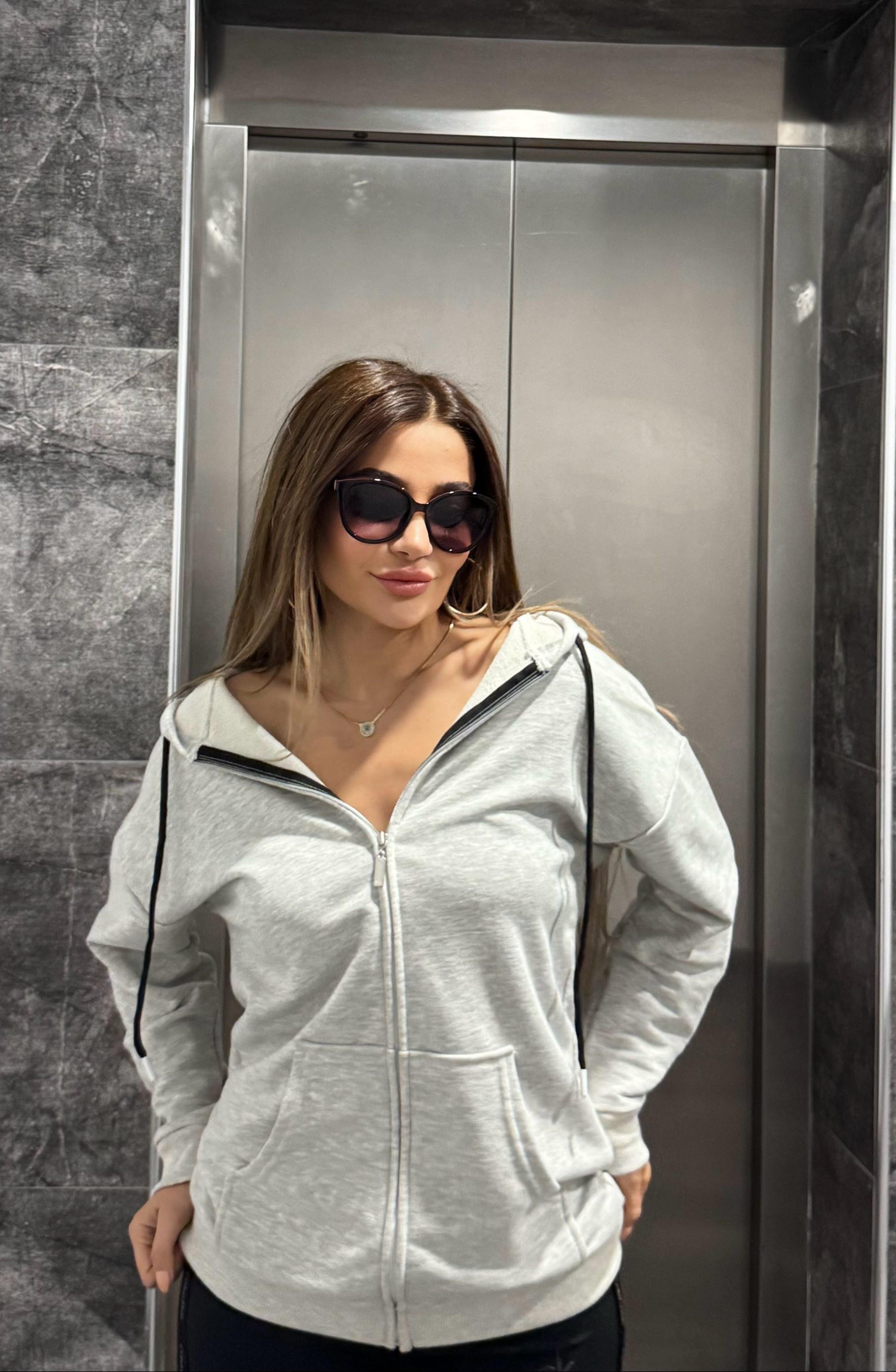 Kapşonlu Fermuarlı Sweat-Gri