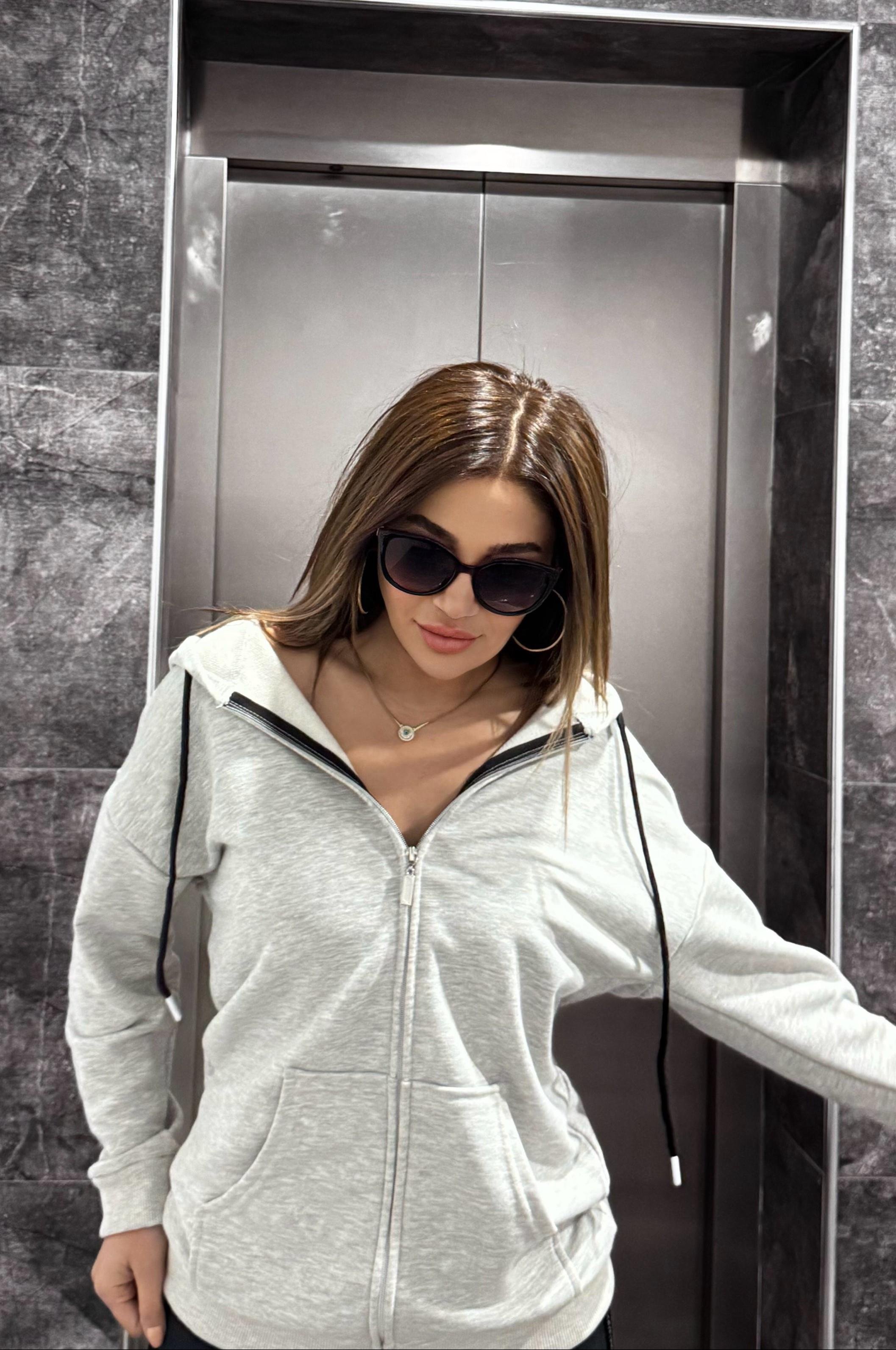 Kapşonlu Fermuarlı Sweat-Gri