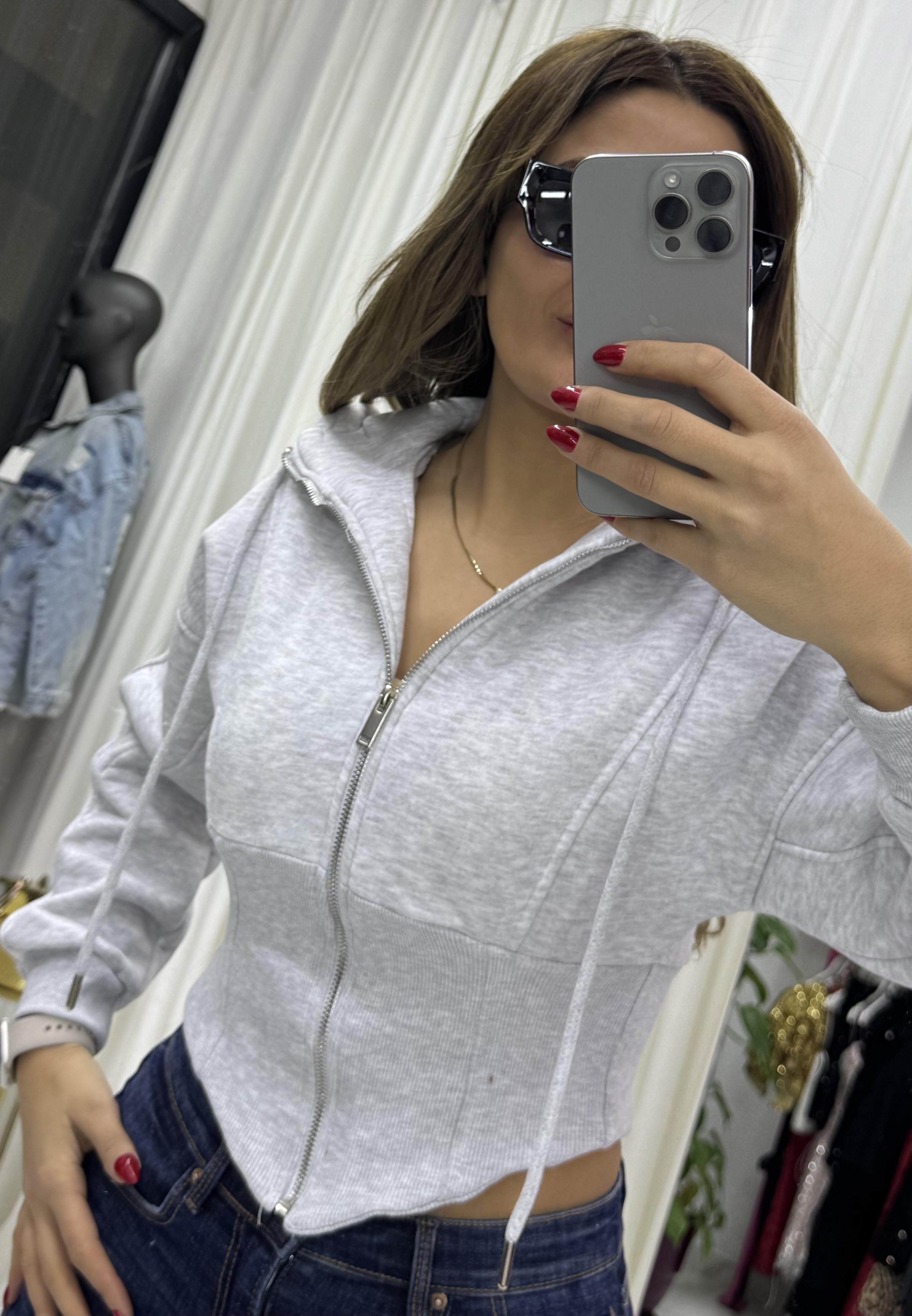 Kapşonlu Sweatshirt Fermuarlı Korse Detaylı-Gri