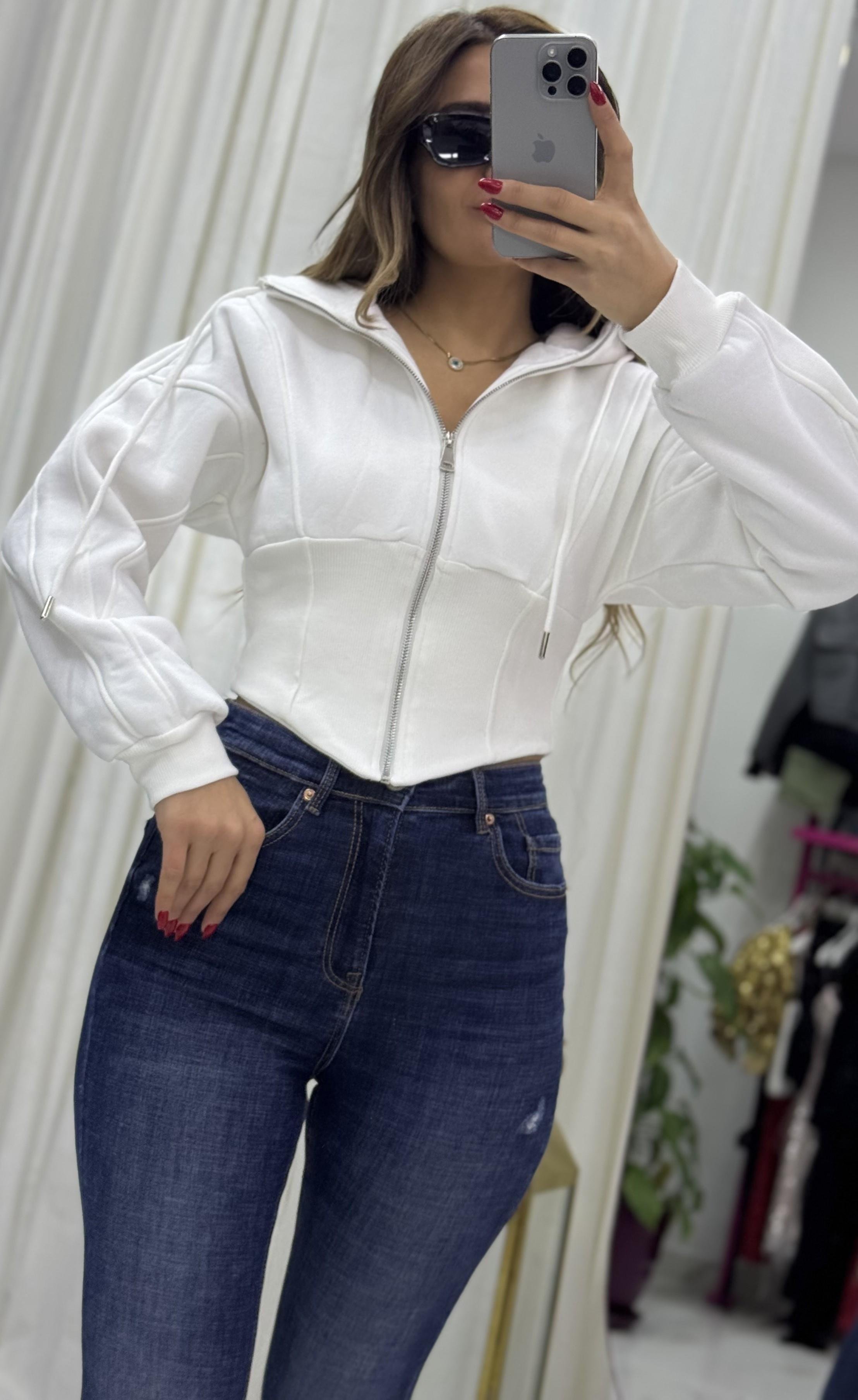 Kapşonlu Sweatshirt Fermuarlı Korse Detaylı