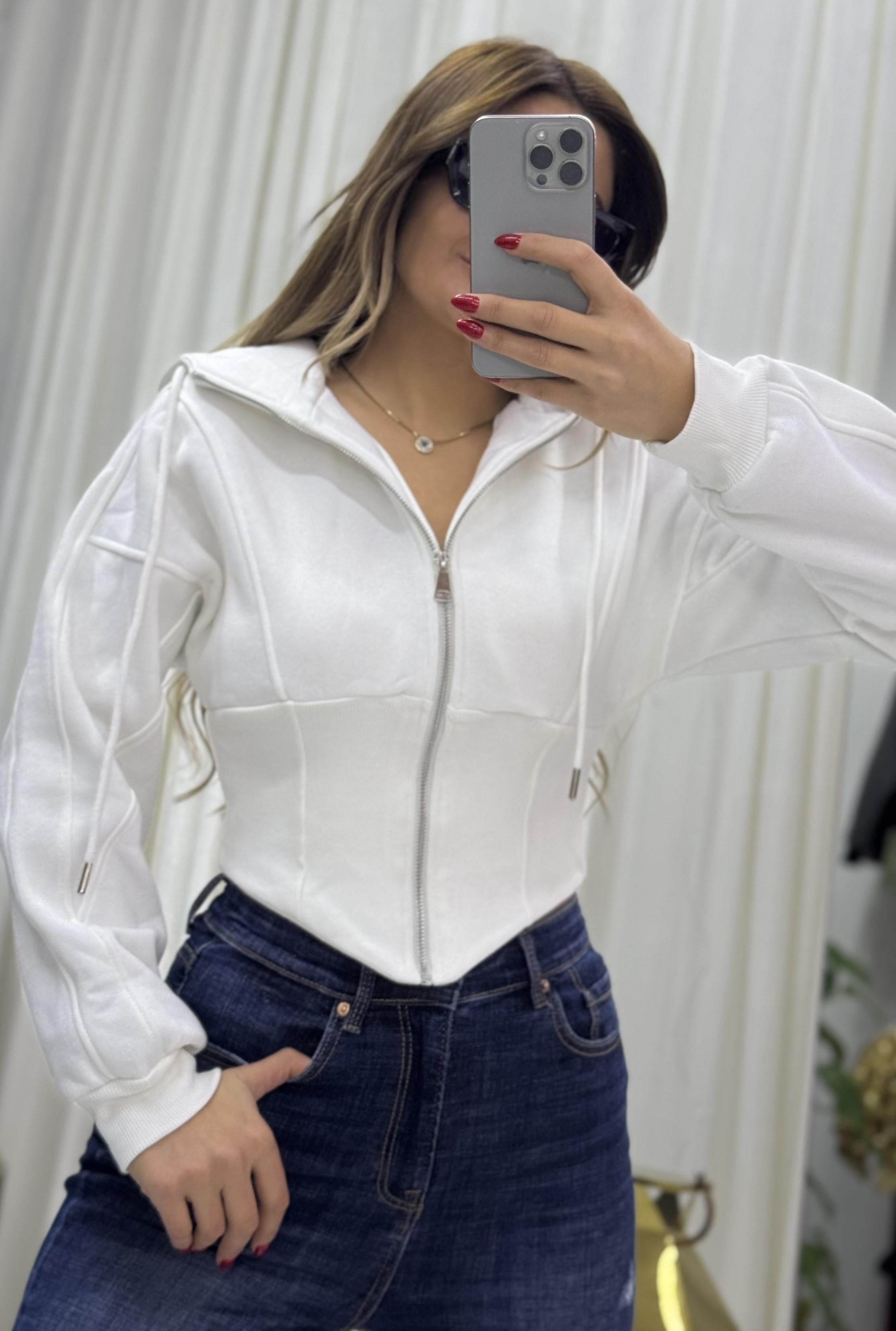 Kapşonlu Sweatshirt Fermuarlı Korse Detaylı