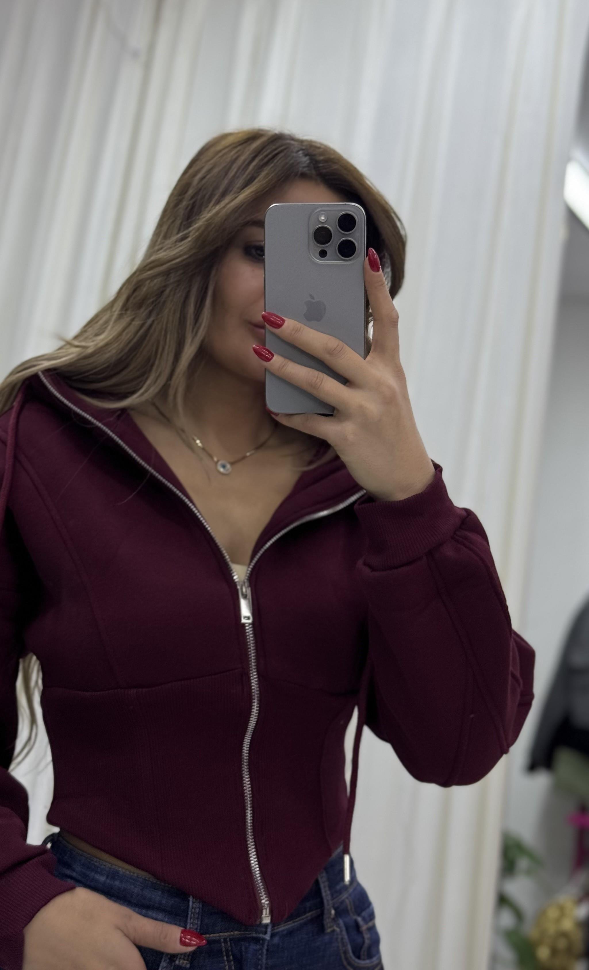 Kapşonlu Sweatshirt Fermuarlı Korse Detaylı-Bordo