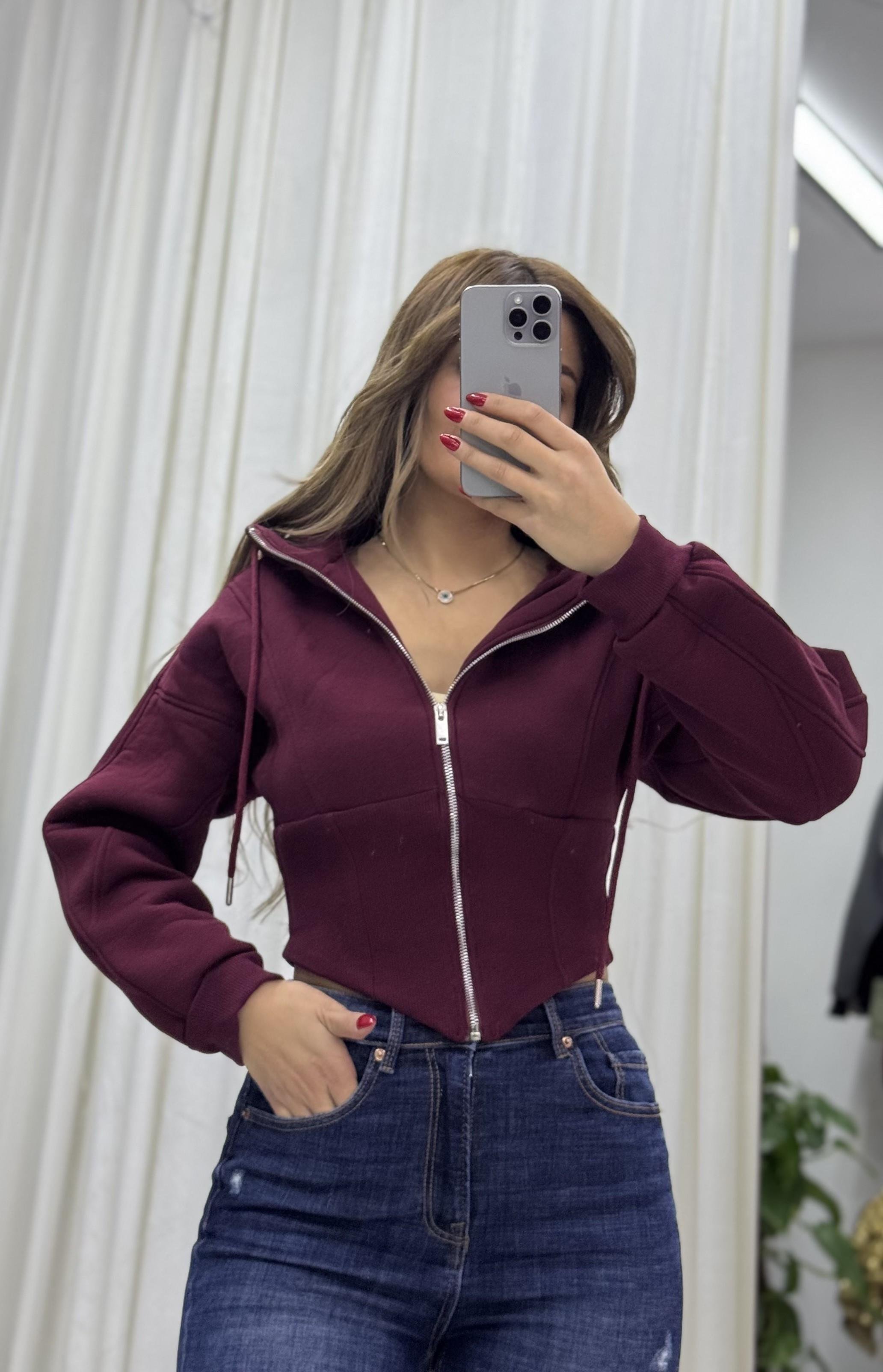 Kapşonlu Sweatshirt Fermuarlı Korse Detaylı-Bordo