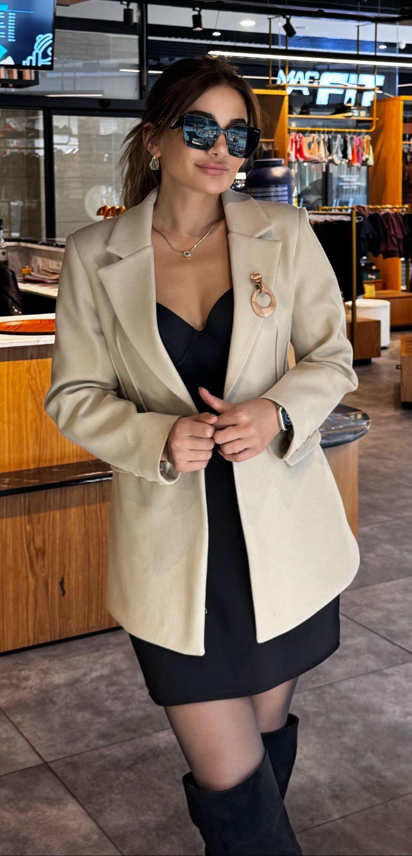 Kaşe Tek Düğmeli Astarlı Blazer Ceket-Taş