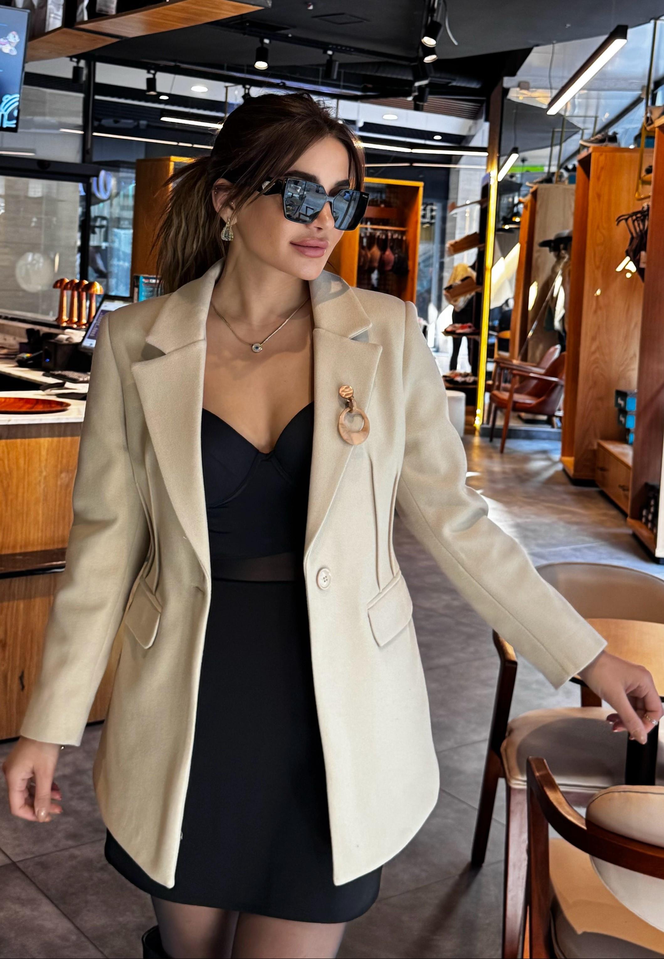 Kaşe Tek Düğmeli Astarlı Blazer Ceket-Taş