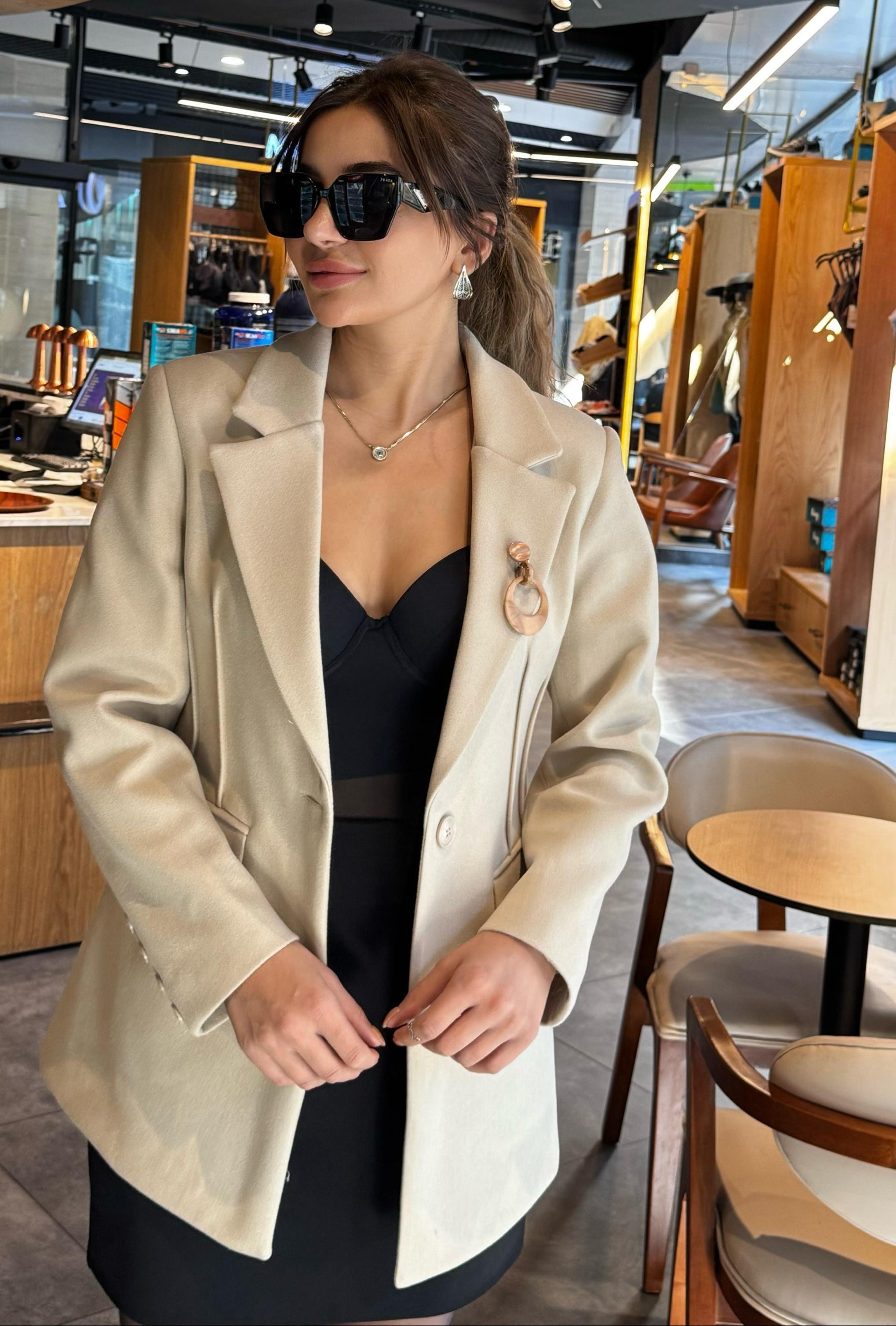 Kaşe Tek Düğmeli Astarlı Blazer Ceket-Taş
