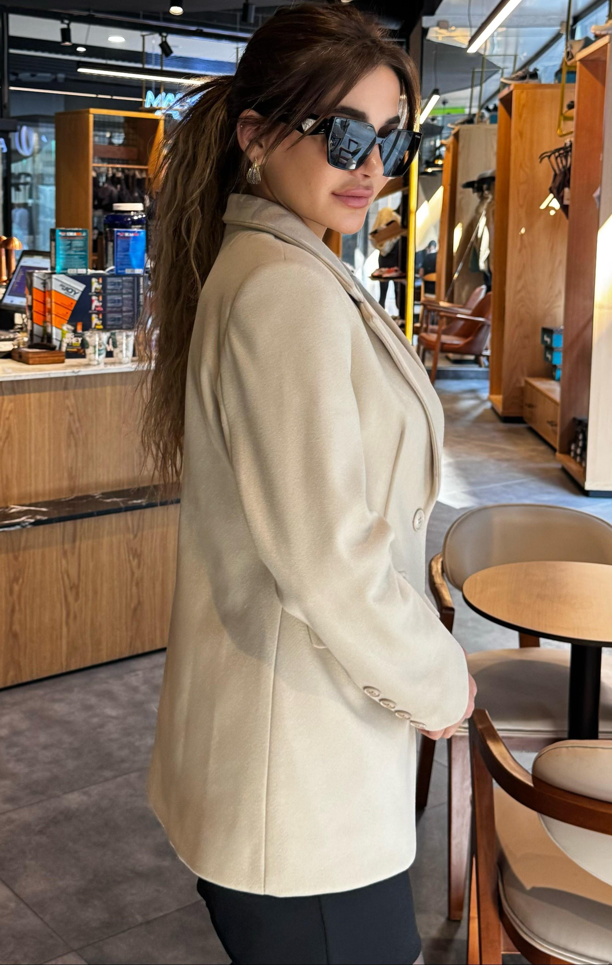 Kaşe Tek Düğmeli Astarlı Blazer Ceket-Taş