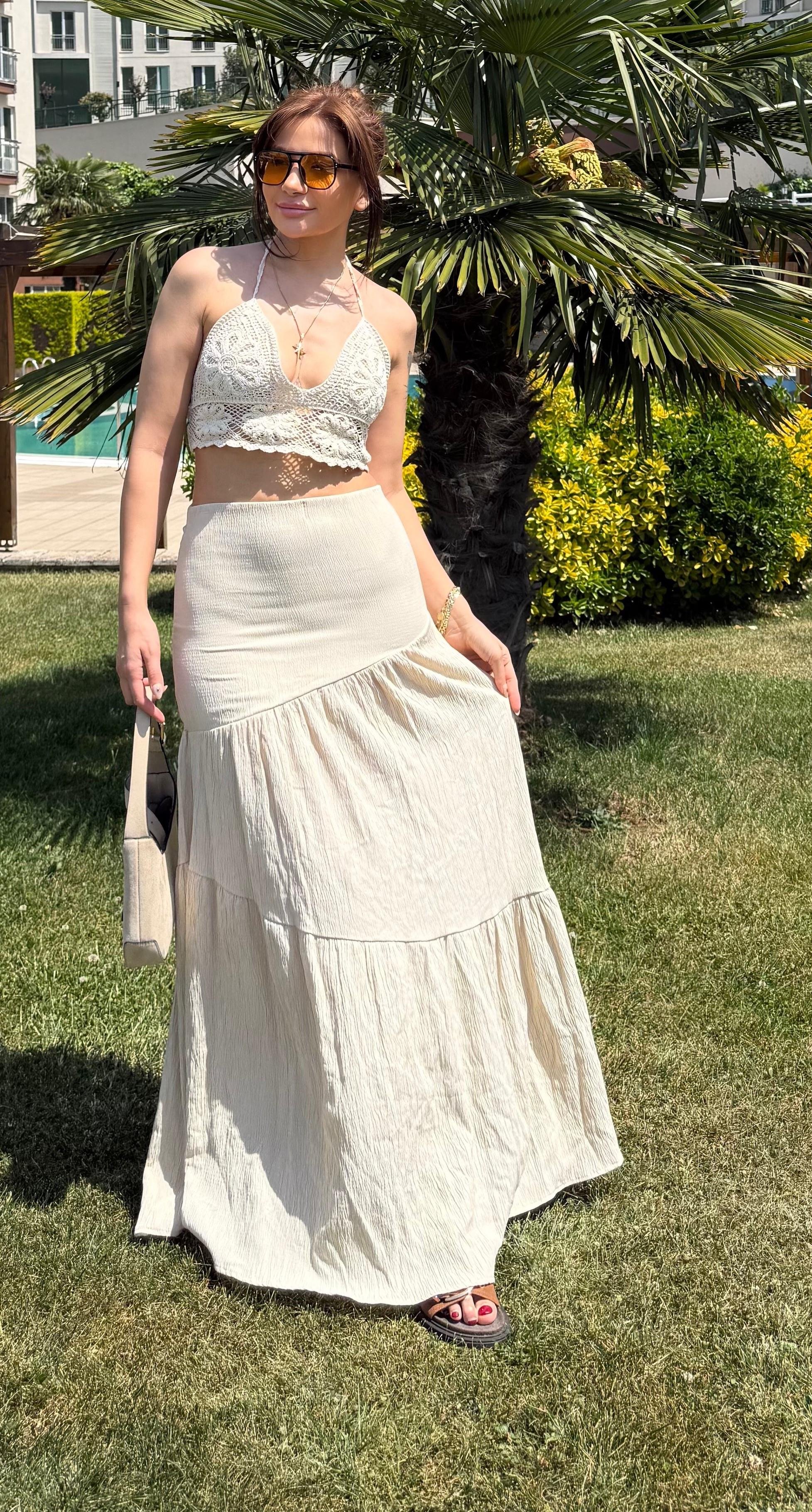 Katlı Uzun Beli Lastikli- Etek-Kahve