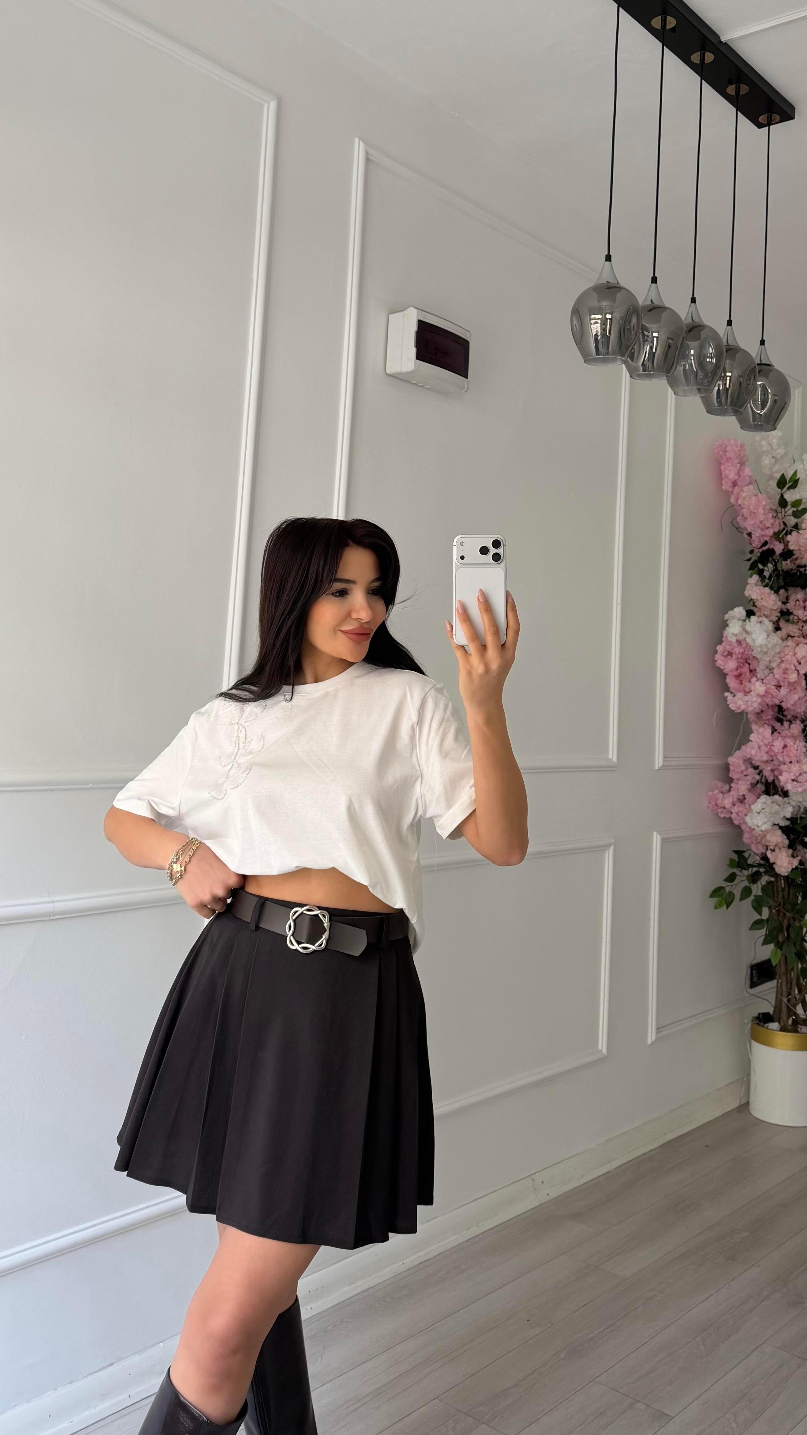 Kemerli Kısa Etek Kahve