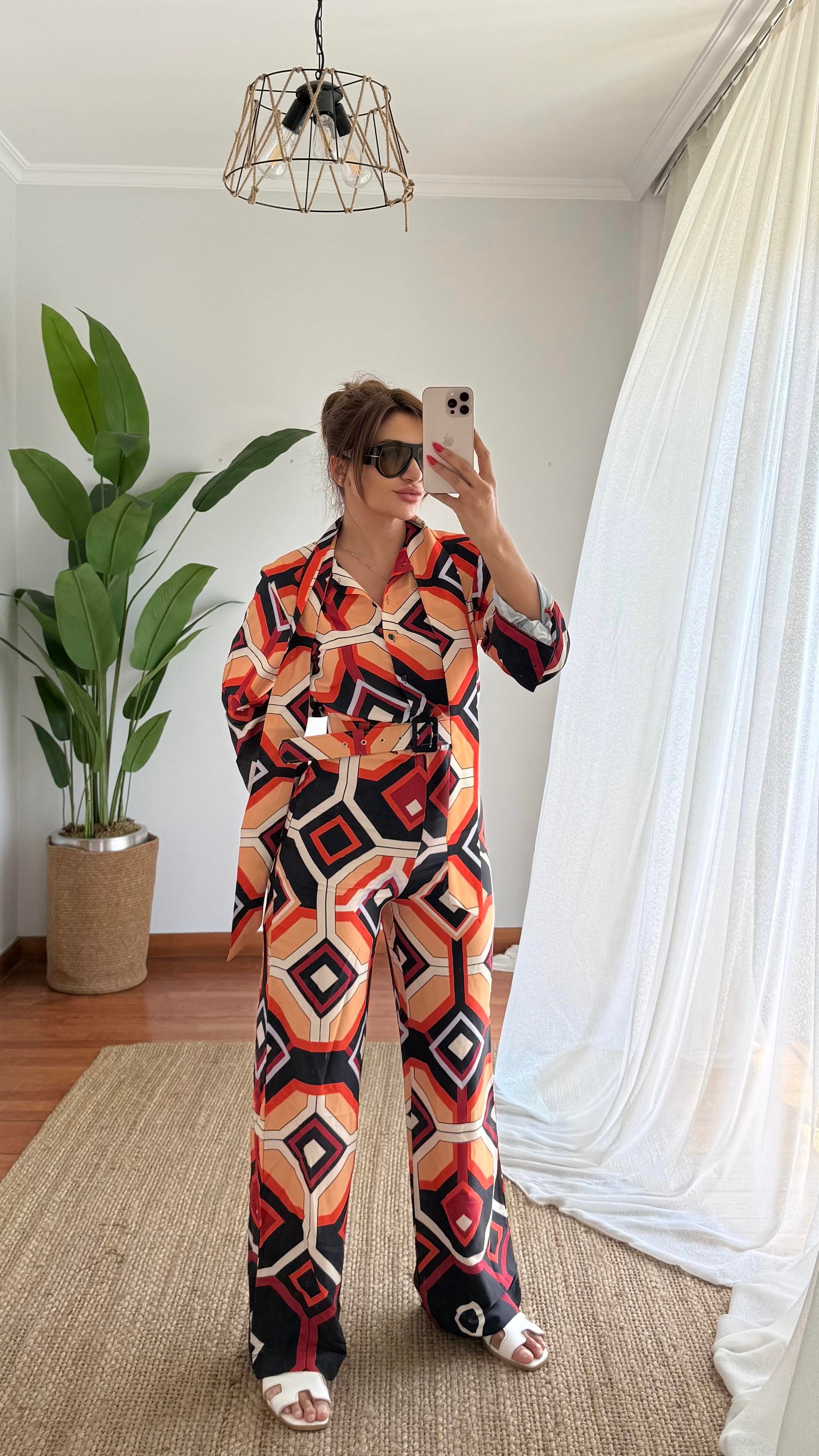 Kemerli Saten Dokulu Desenli Tulum-Oranj