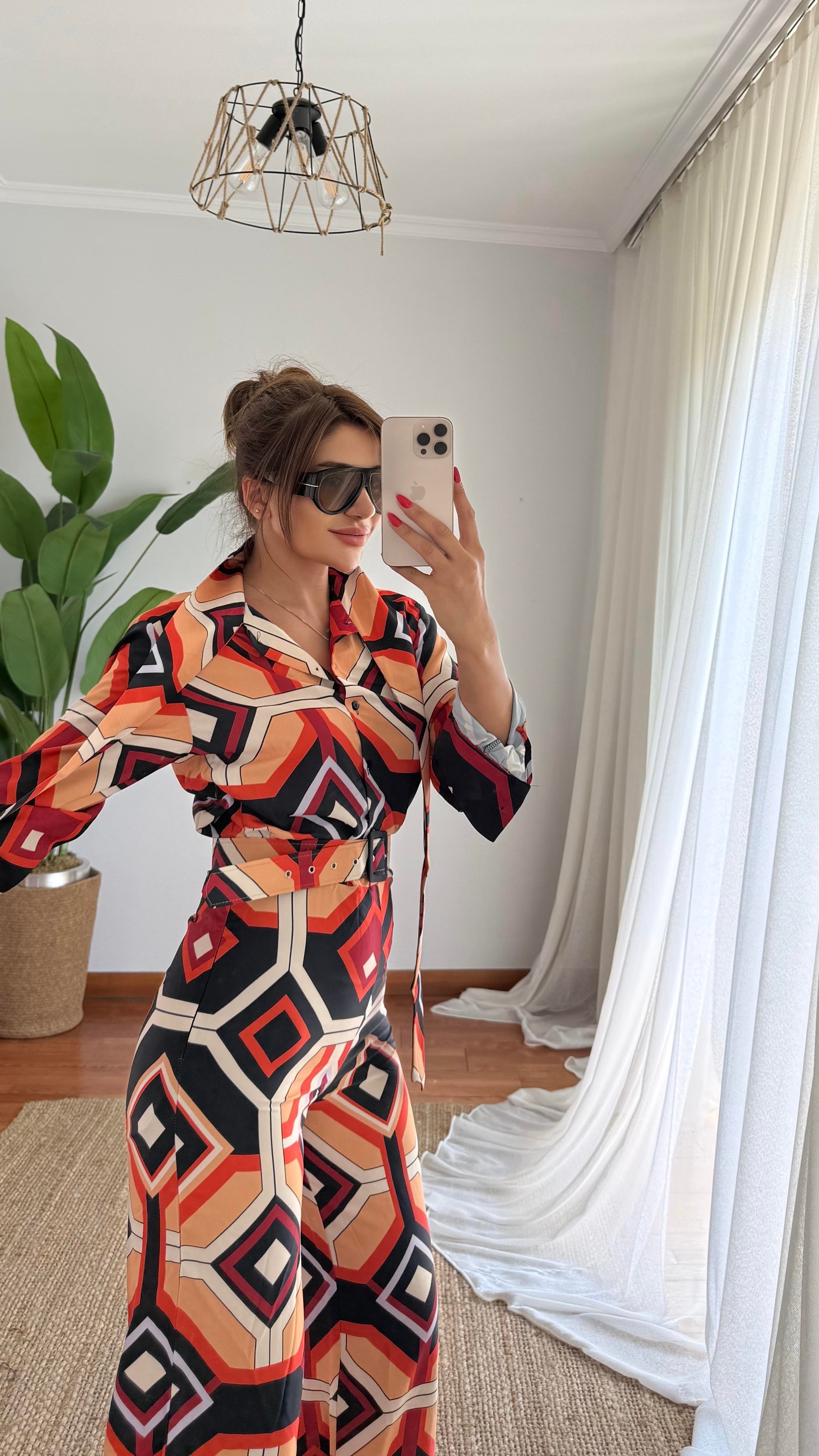 Kemerli Saten Dokulu Desenli Tulum-Oranj