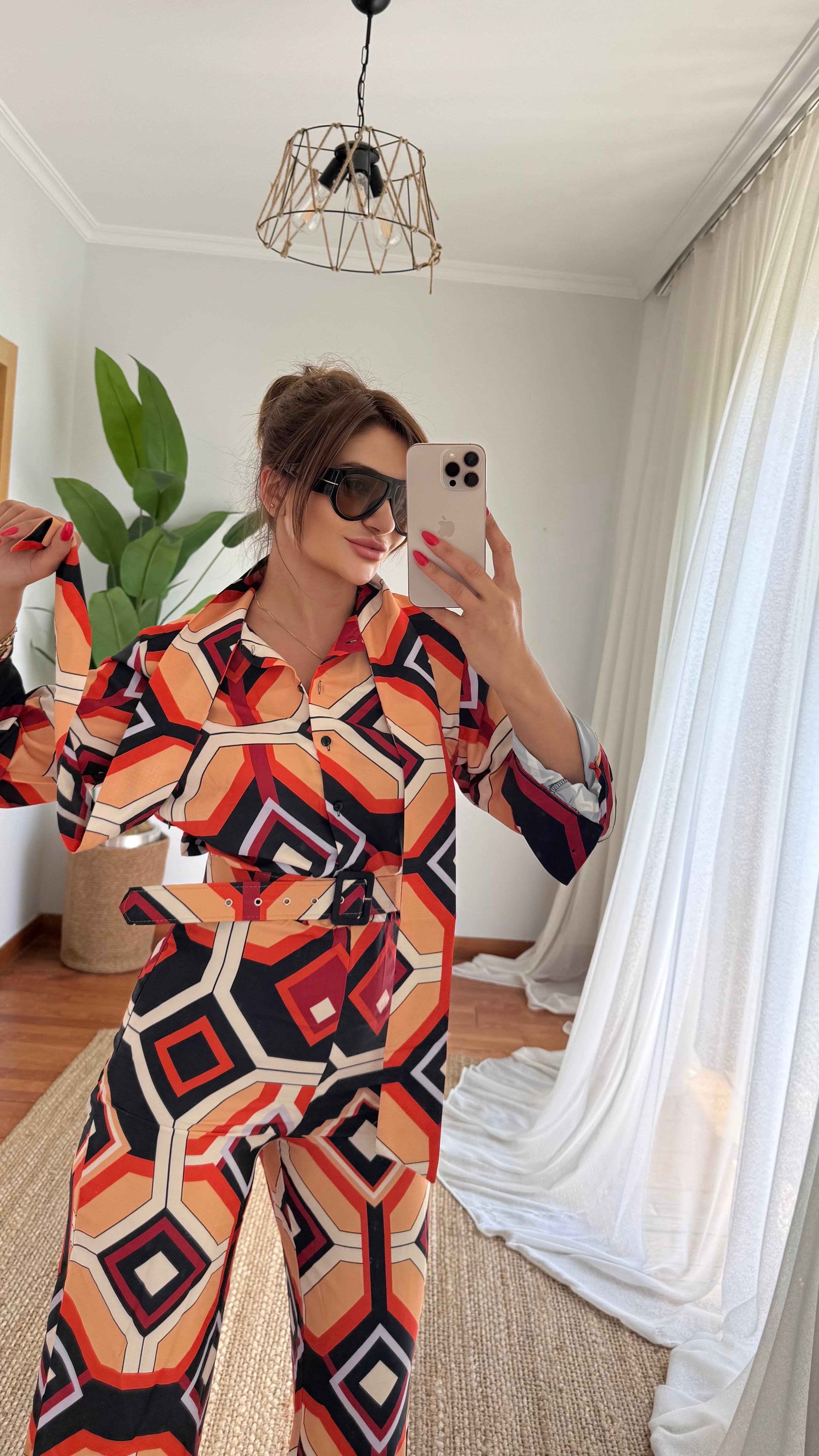 Kemerli Saten Dokulu Desenli Tulum-Oranj