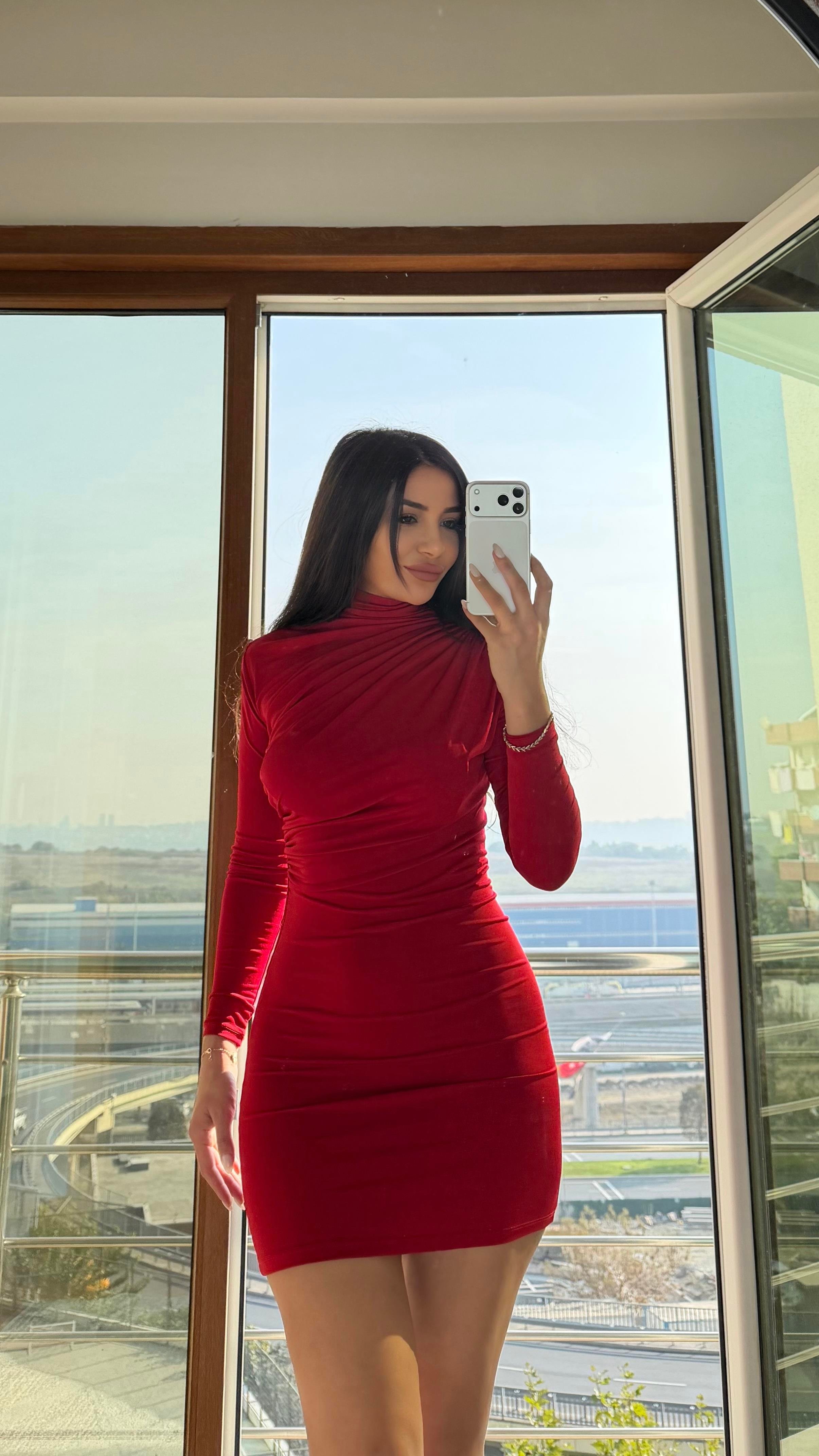 Kırmızı Sandy Kumaş Drape Detay Uzun Kollu Elbise