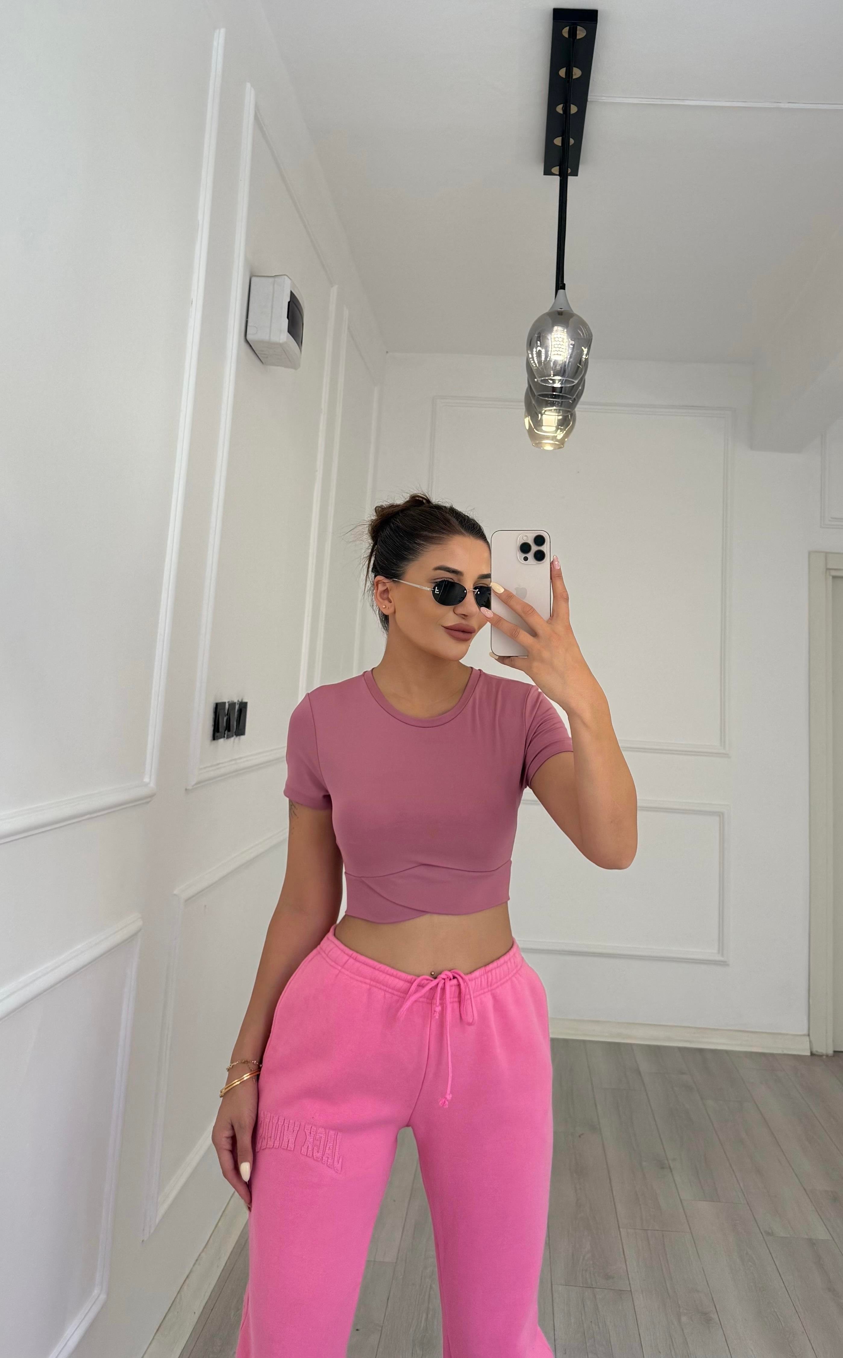Kısa Kol Bisiklet Sporcu Crop Top -Gül Kurusu