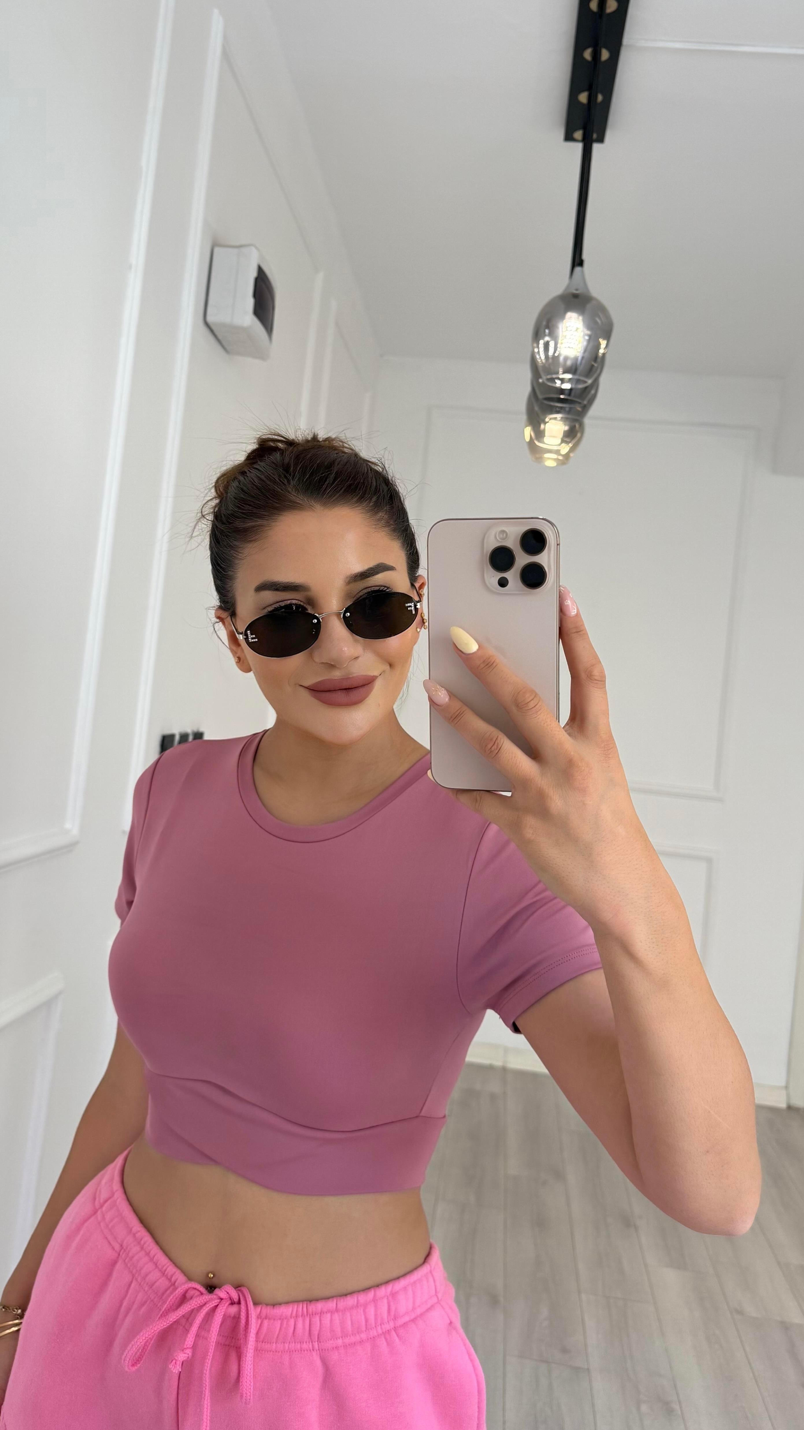 Kısa Kol Bisiklet Sporcu Crop Top -Gül Kurusu