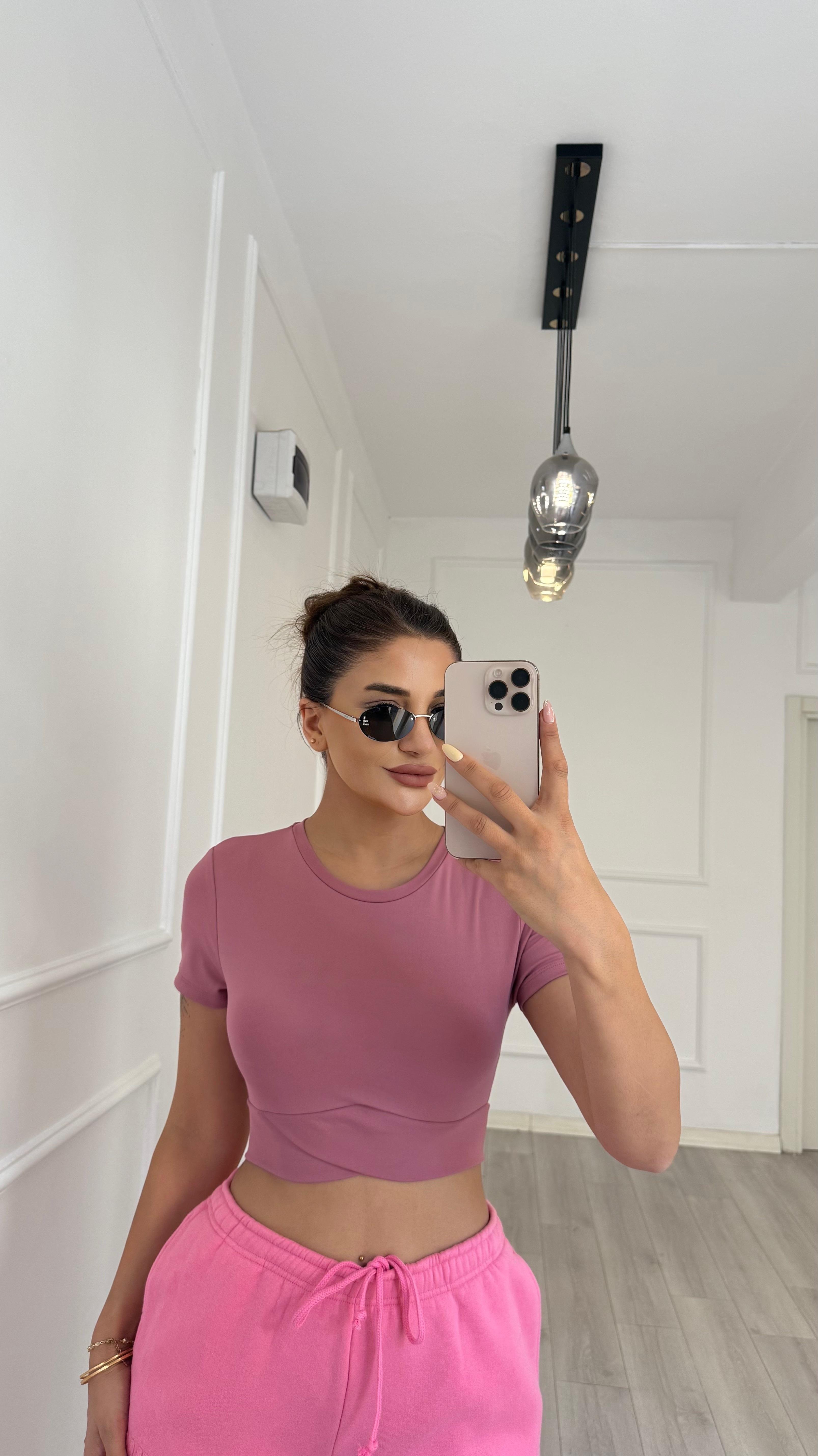 Kısa Kol Bisiklet Sporcu Crop Top -Gül Kurusu