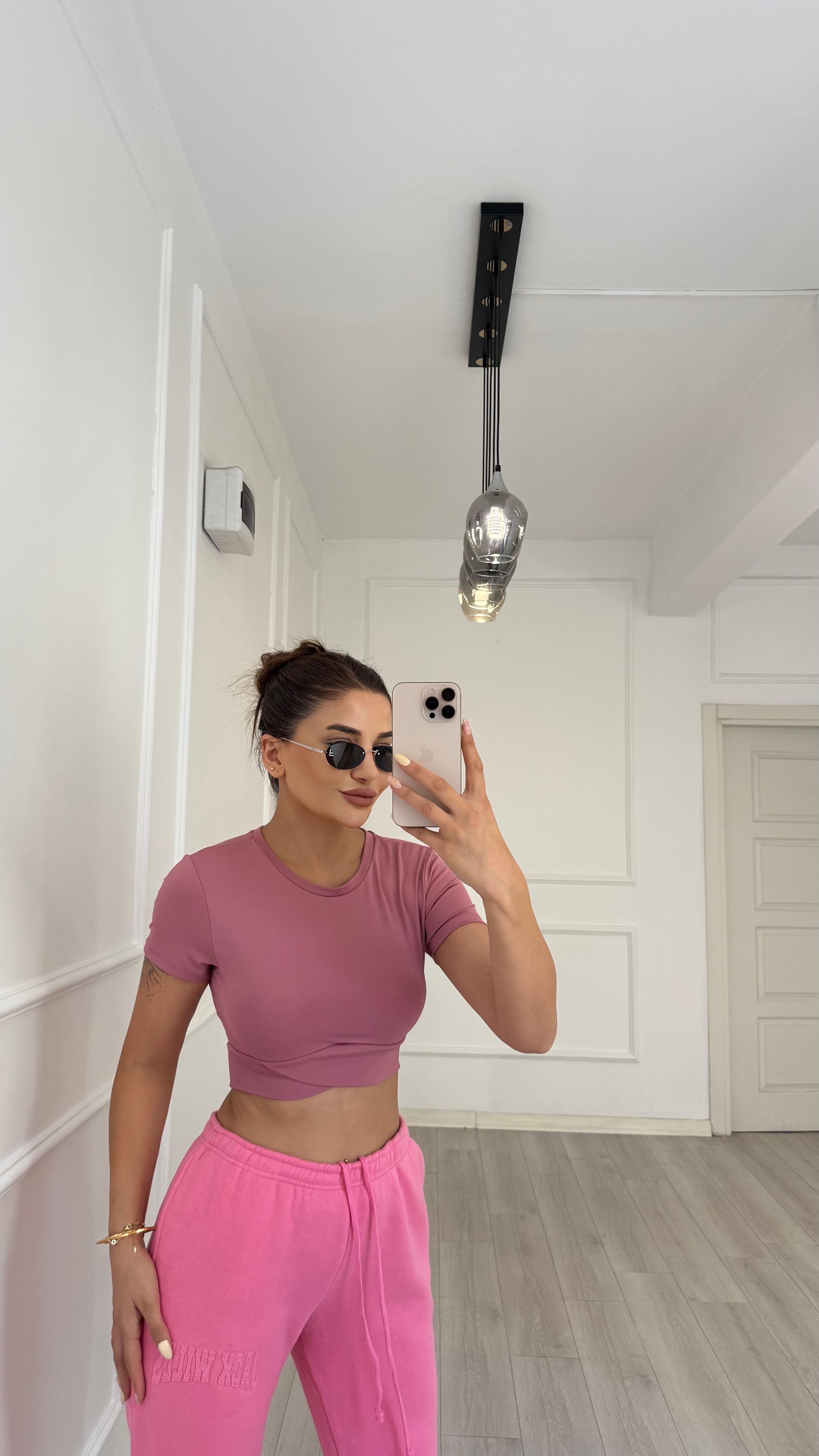 Kısa Kol Bisiklet Sporcu Crop Top -Gül Kurusu