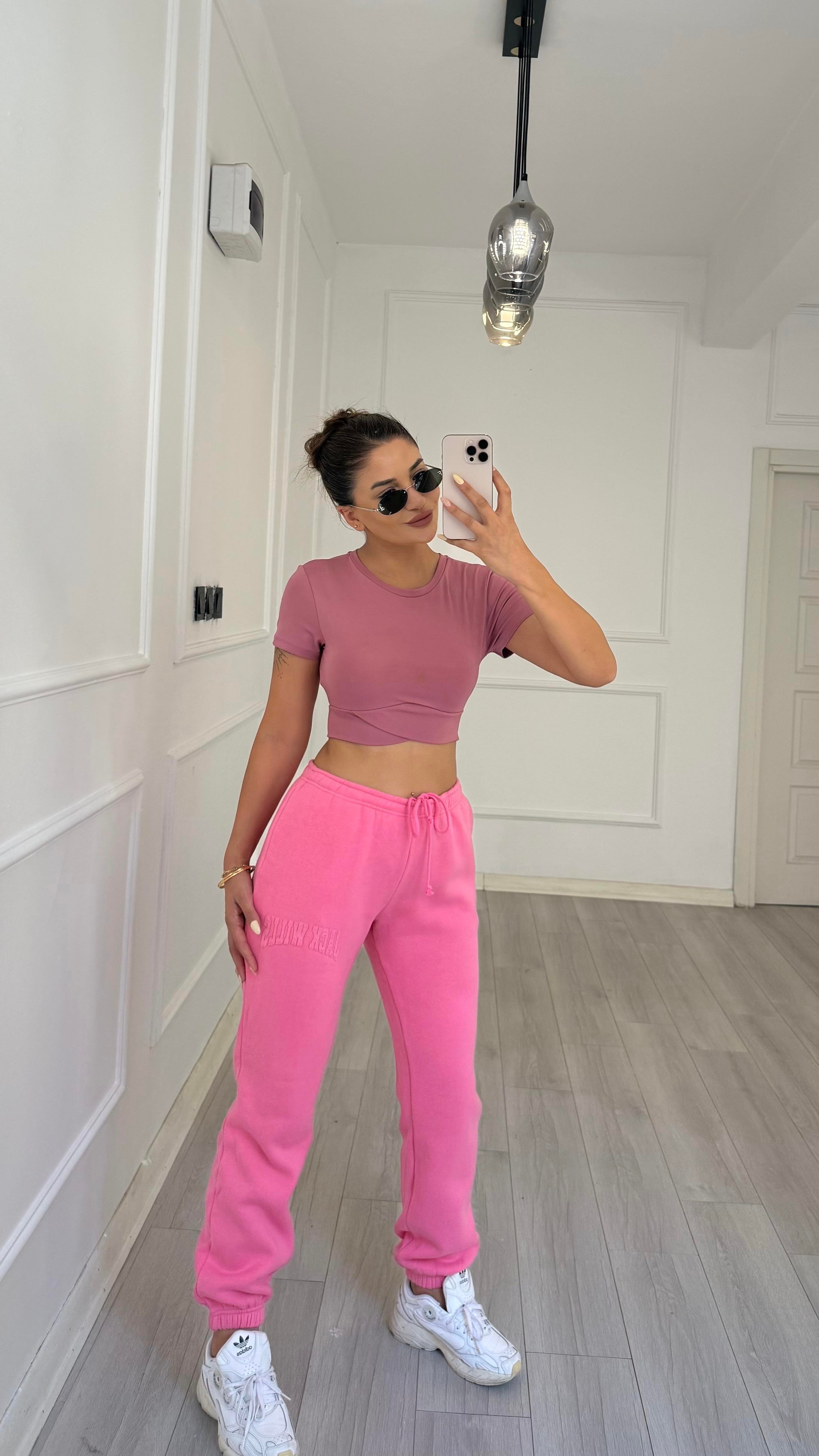 Kısa Kol Bisiklet Sporcu Crop Top -Gül Kurusu