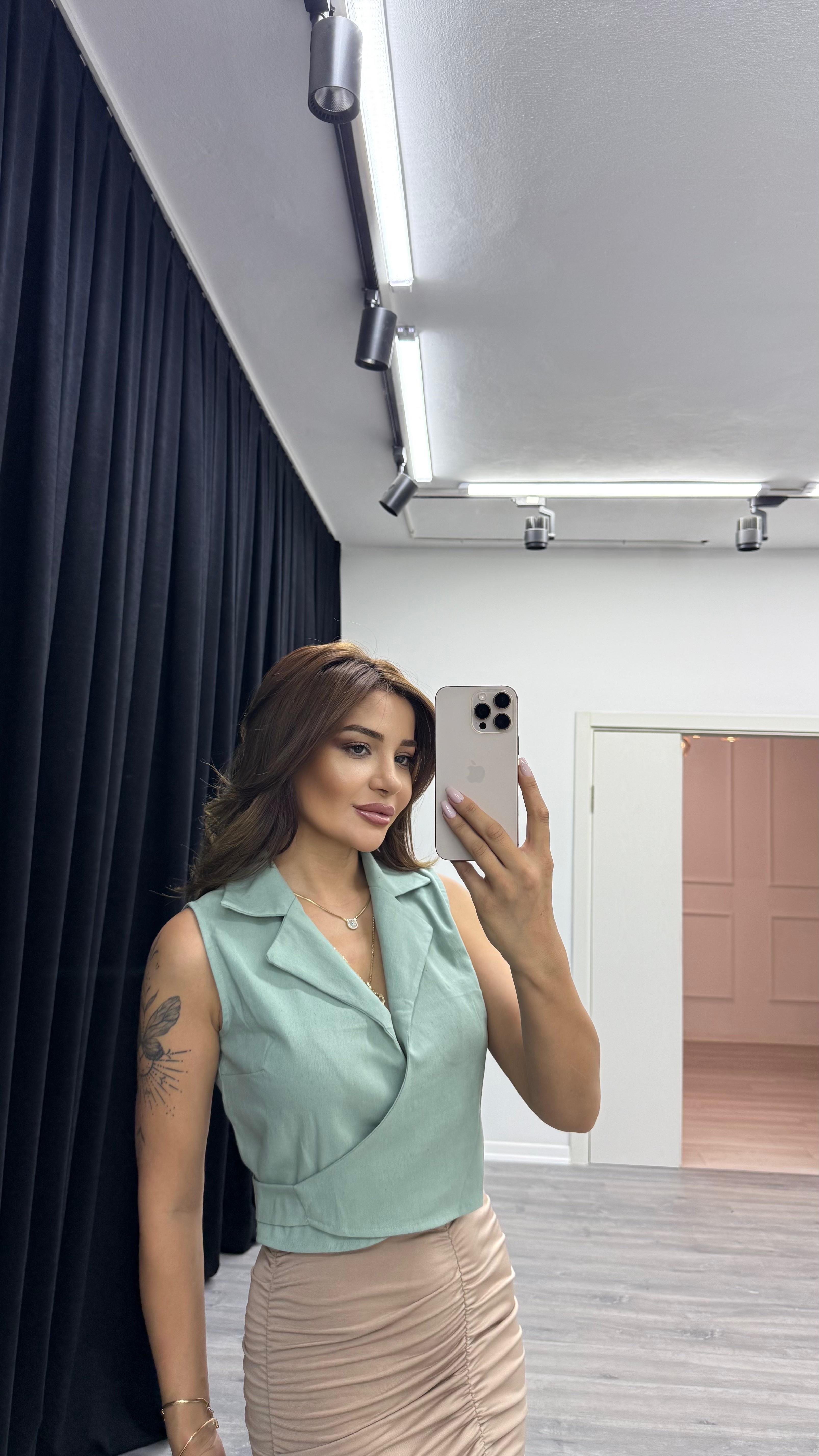 Kruvaze yaka keten yelek-Yeşil