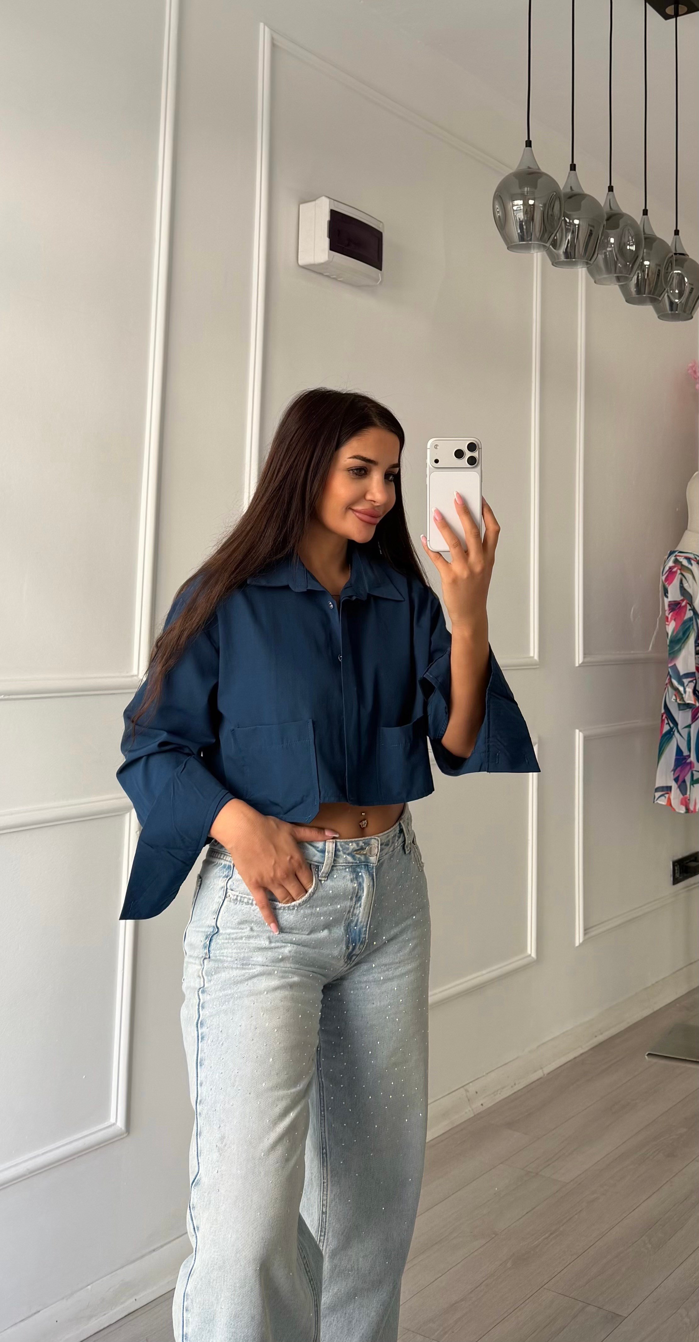 Lacivert Çift Cepli Kısa Boy Oversize Gömlek 