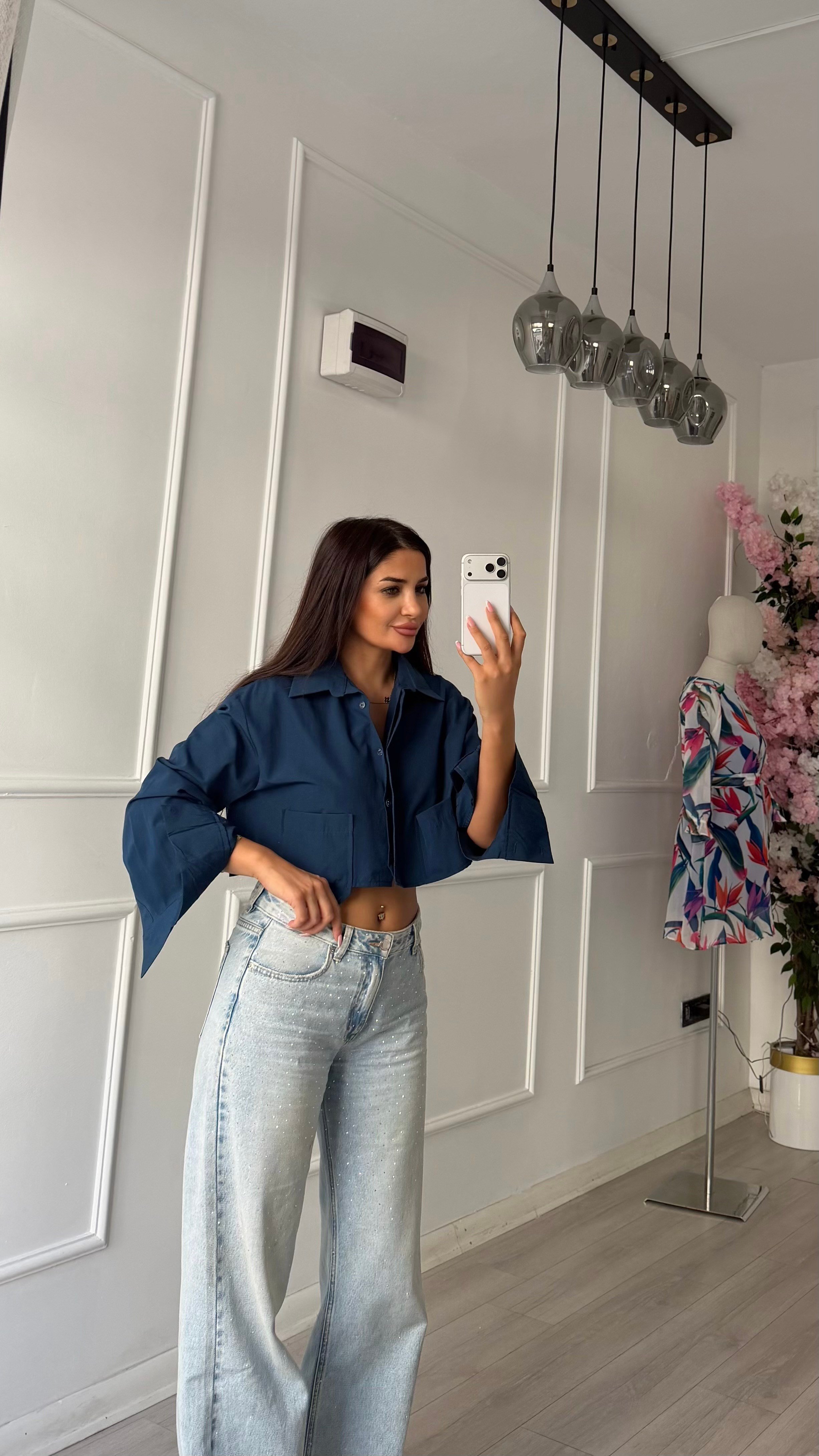 Lacivert Çift Cepli Kısa Boy Oversize Gömlek 