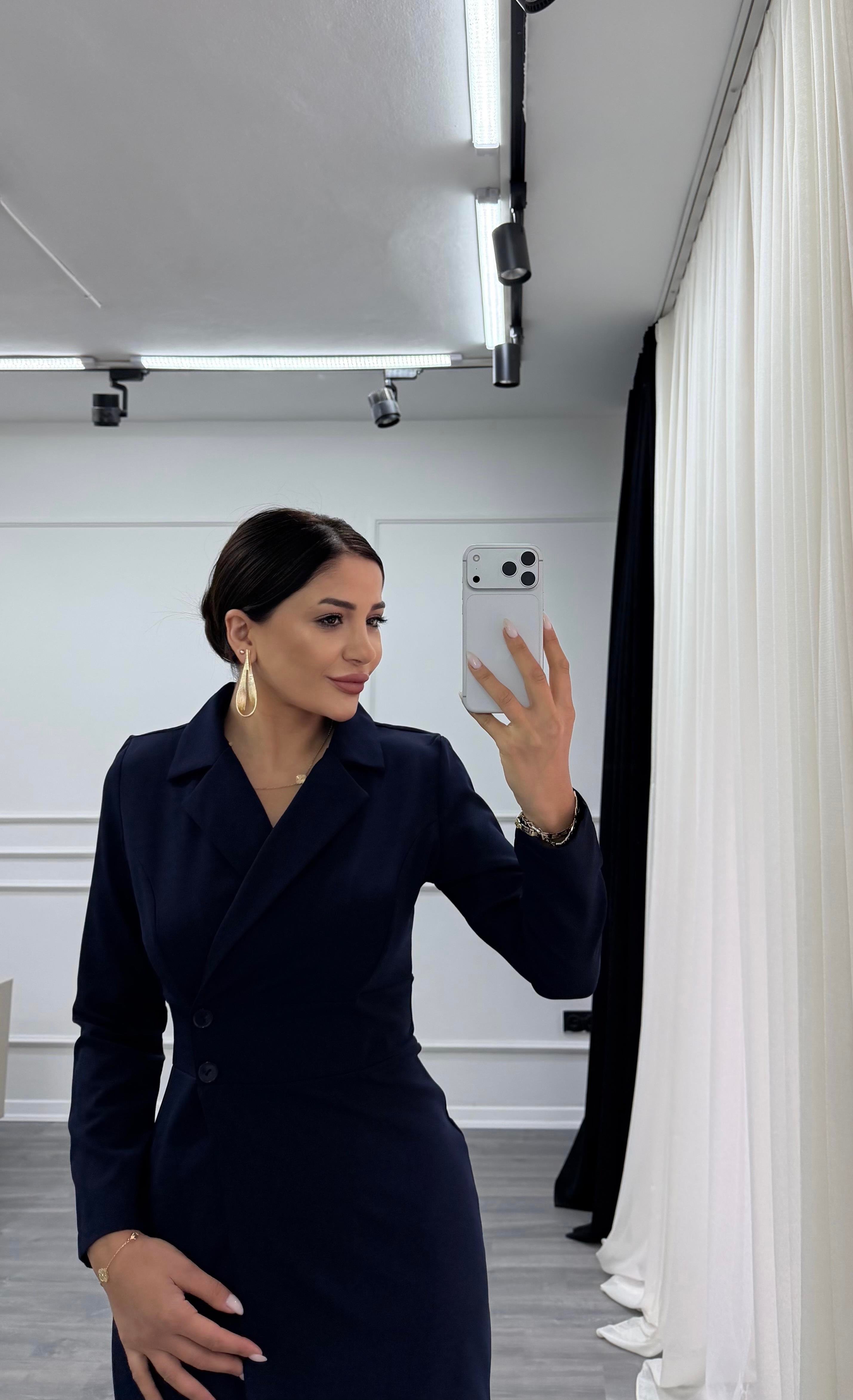 Lacivert Düğme Detaylı Kısa Boy Dokuma Ceket Elbise