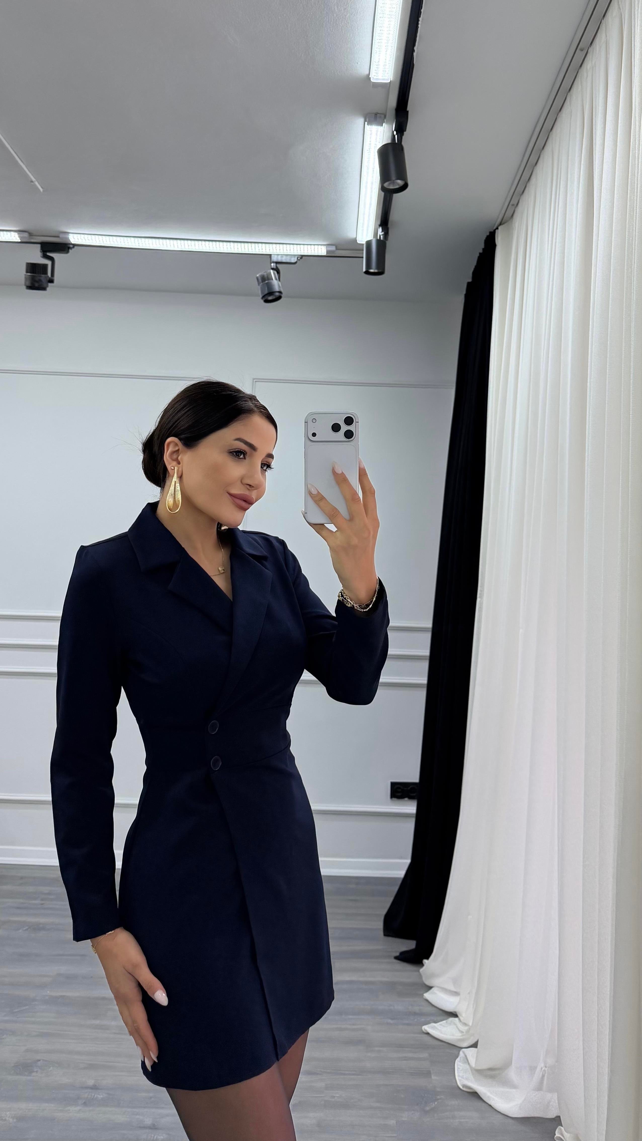 Lacivert Düğme Detaylı Kısa Boy Dokuma Ceket Elbise