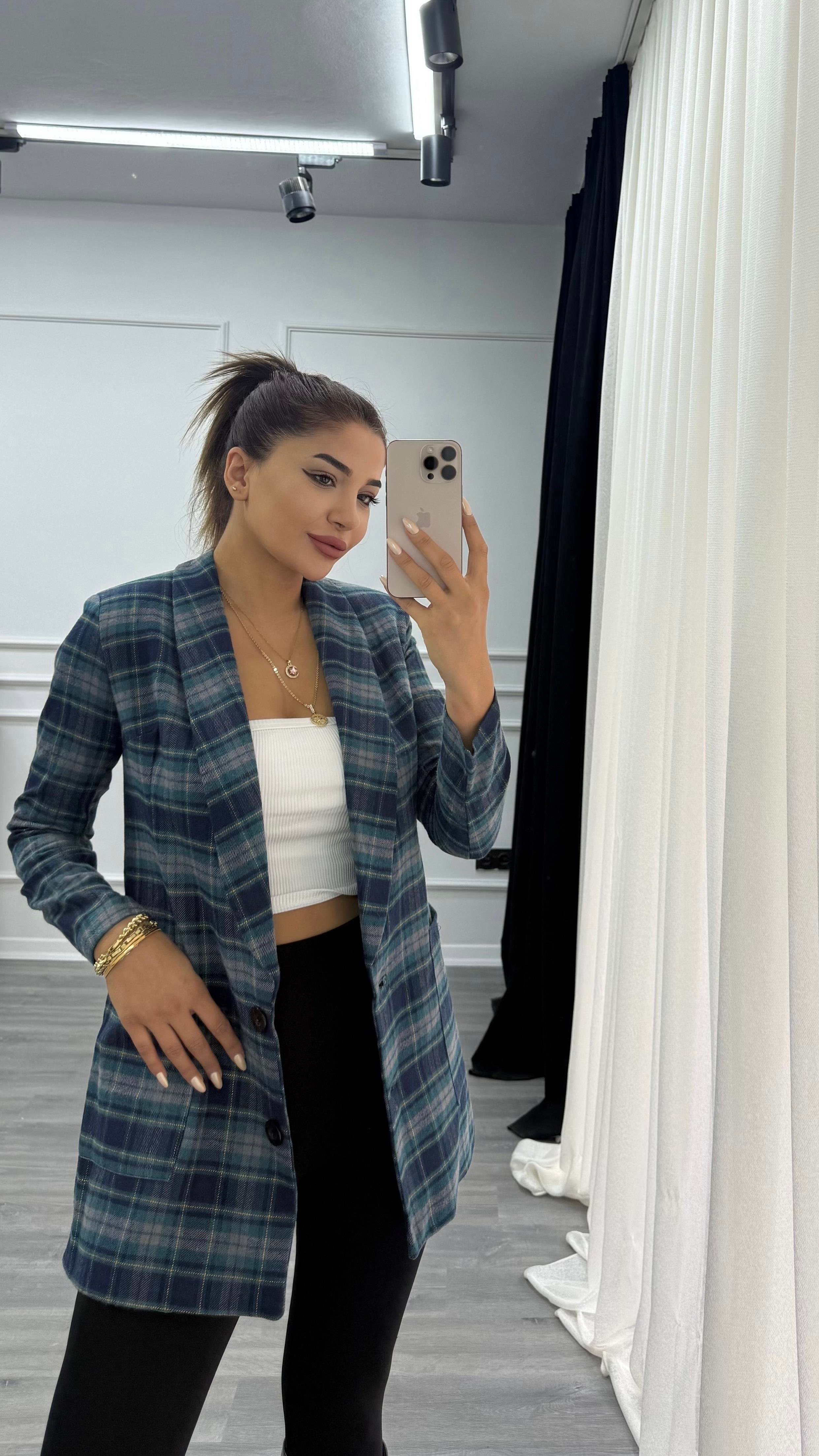 Lacivert Ekose Desenli Çift Düğmeli Astarlı Ceket