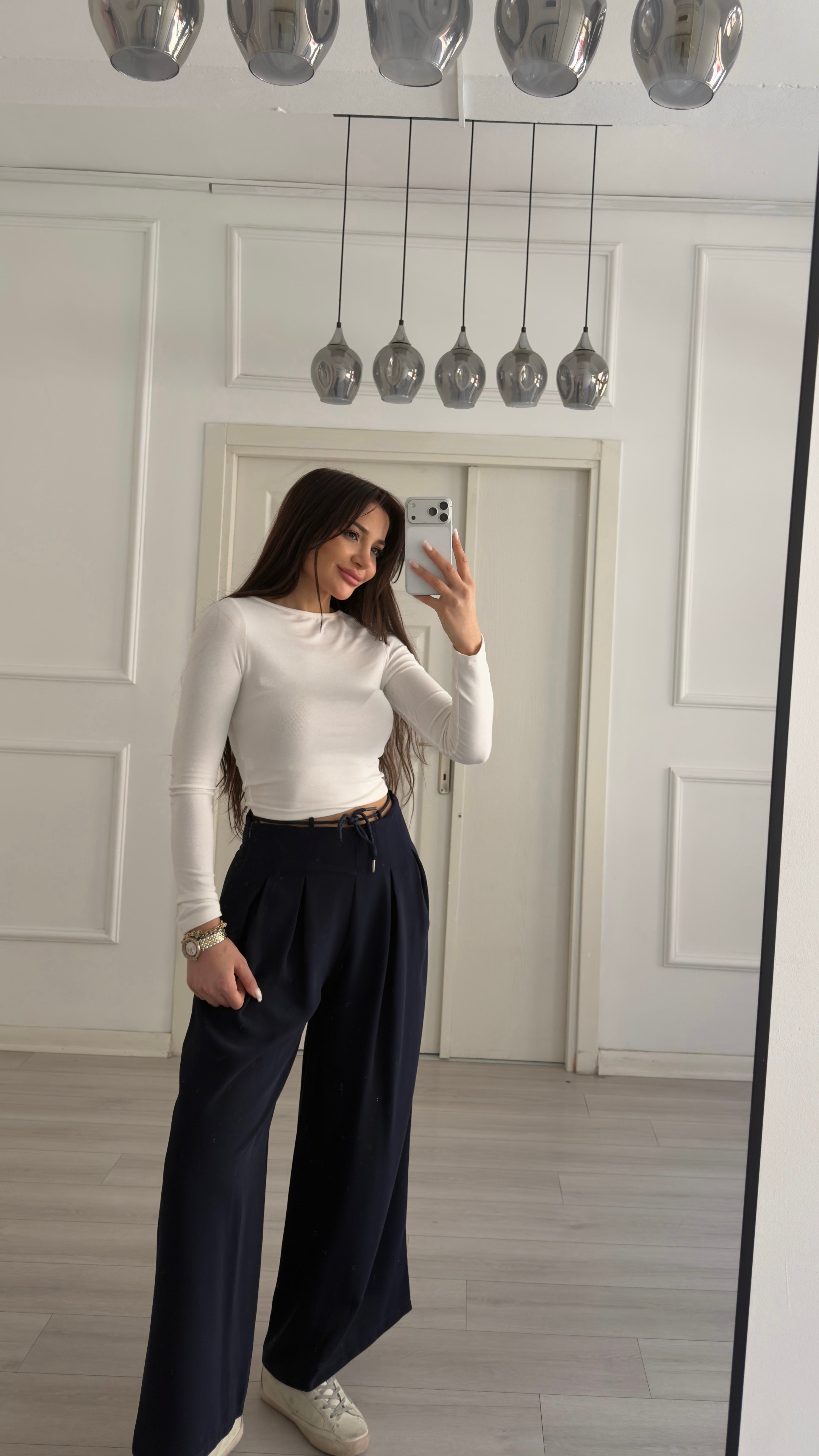 Lacivert Pile Detaylı Kemerli Bol Paça Pantolon 