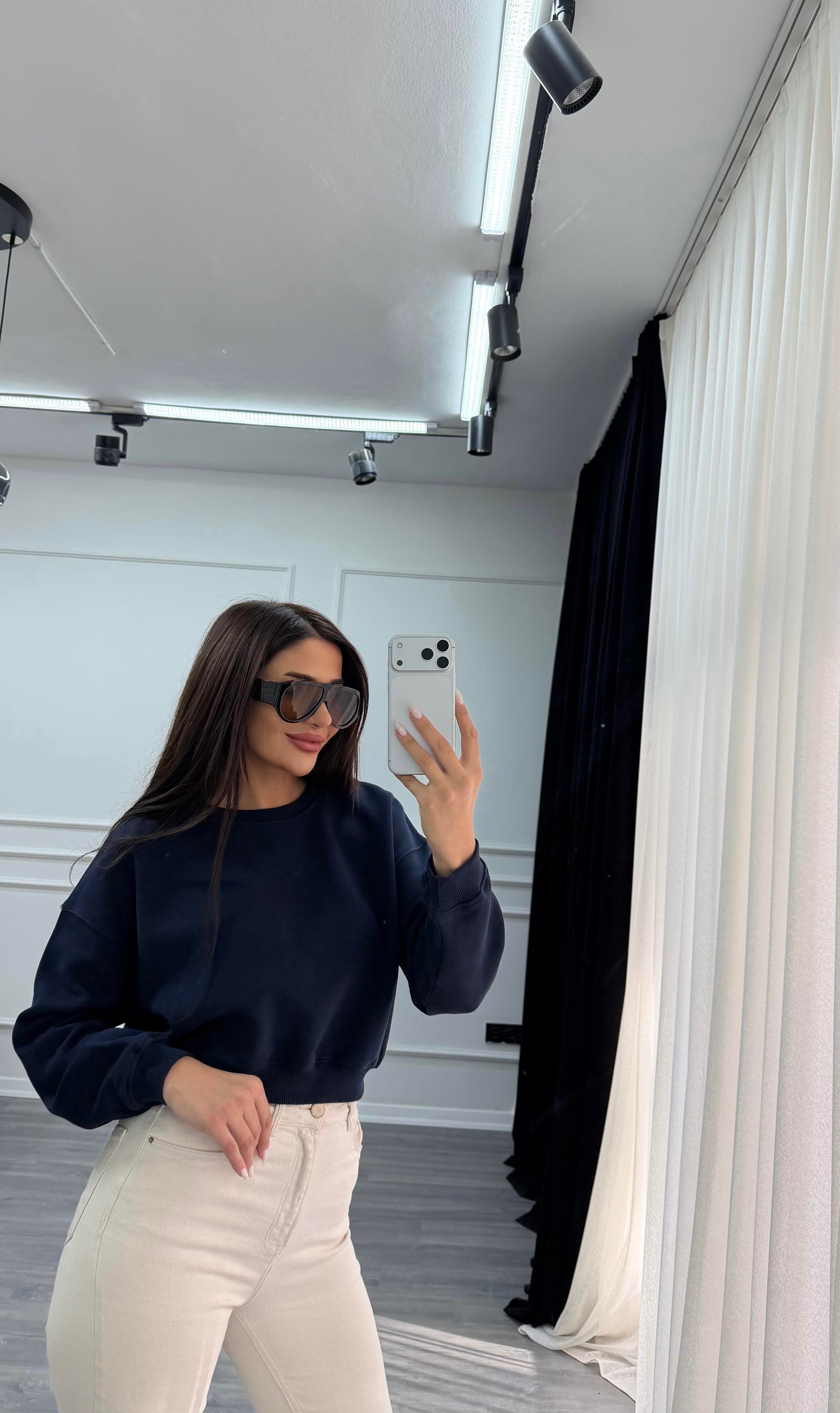 Lacivert Uzun Kollu Bisiklet Yaka Oversize Sweatshirt