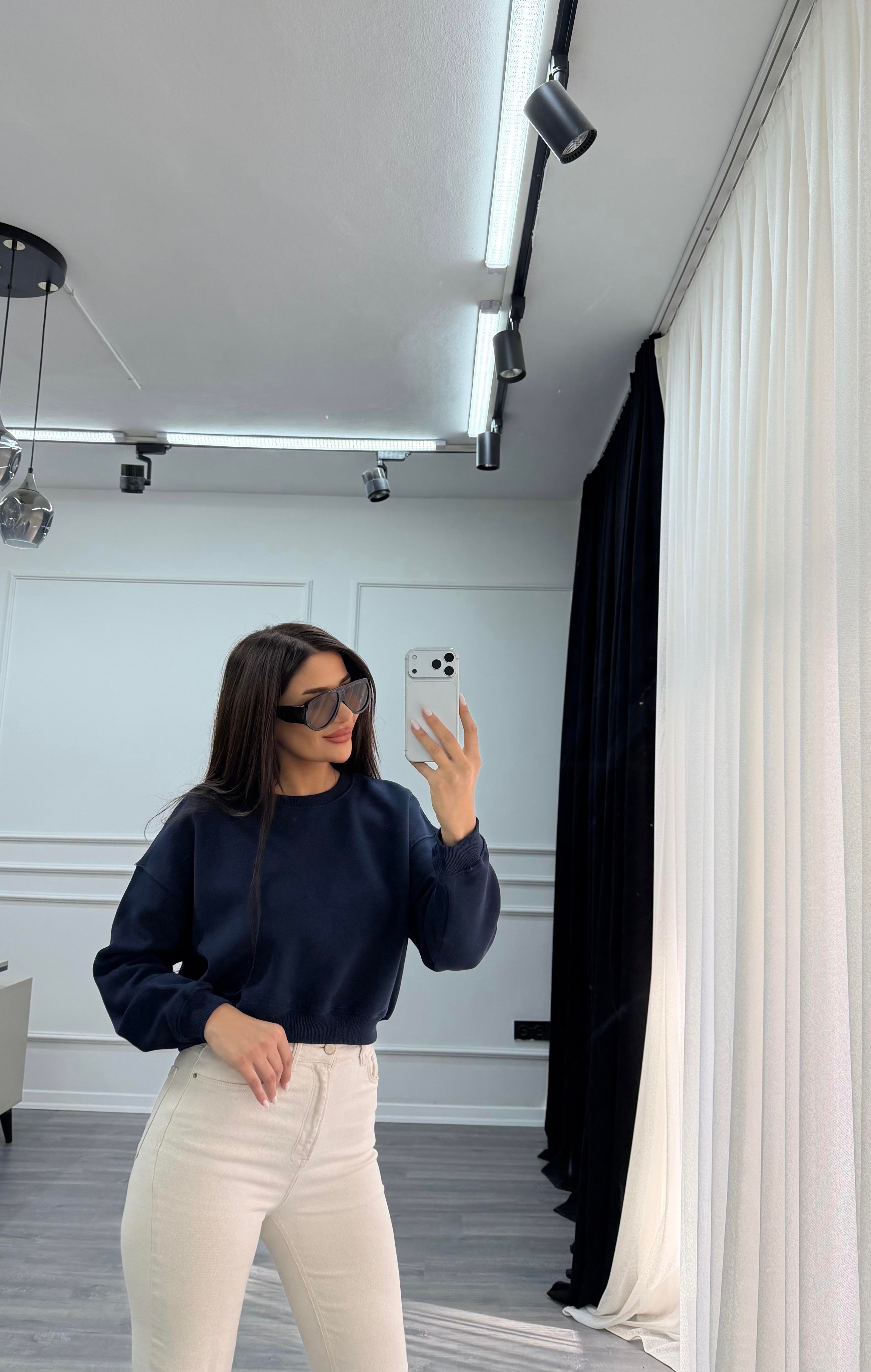 Lacivert Uzun Kollu Bisiklet Yaka Oversize Sweatshirt