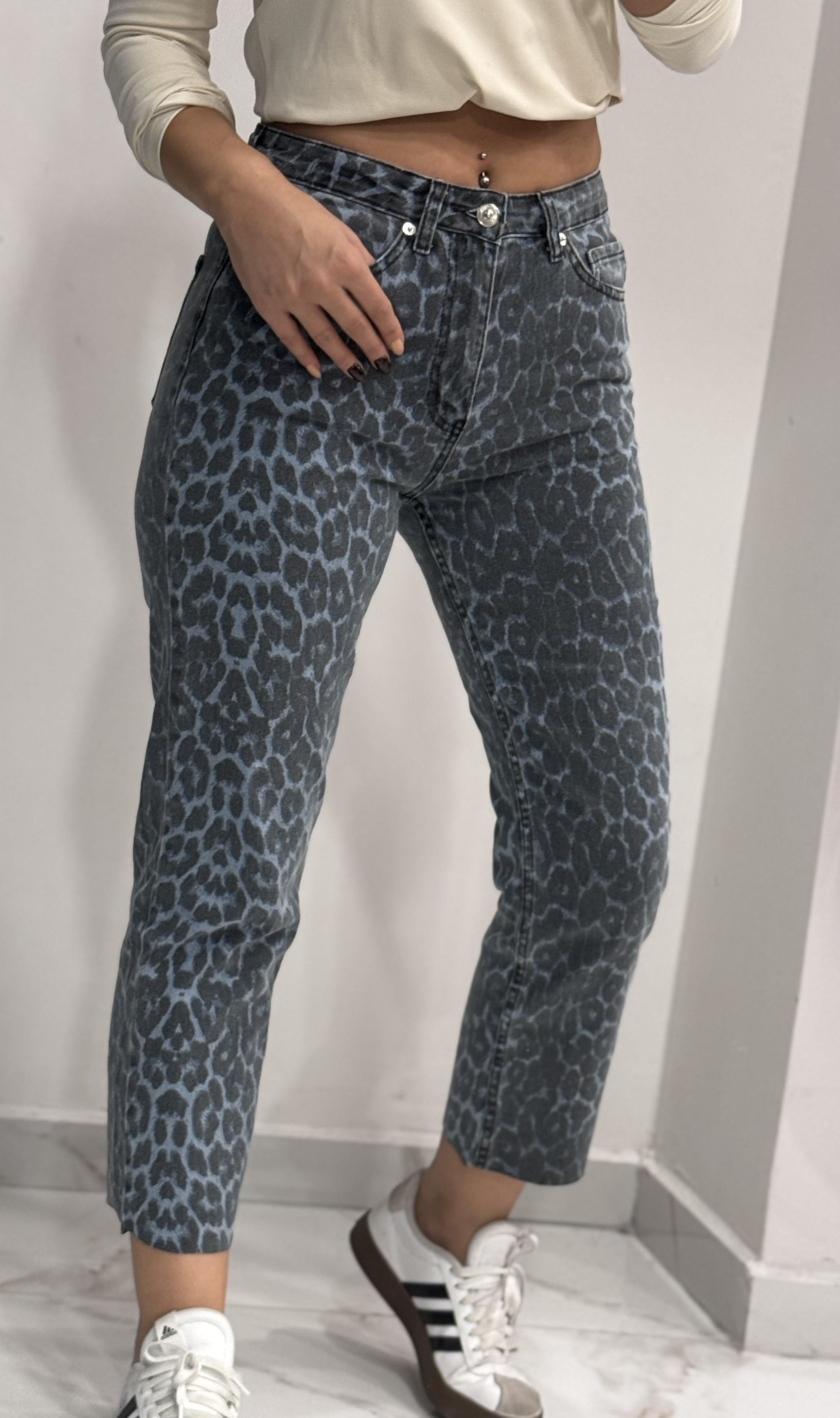 Leopar  Desenli Kesik Jean-Mavi