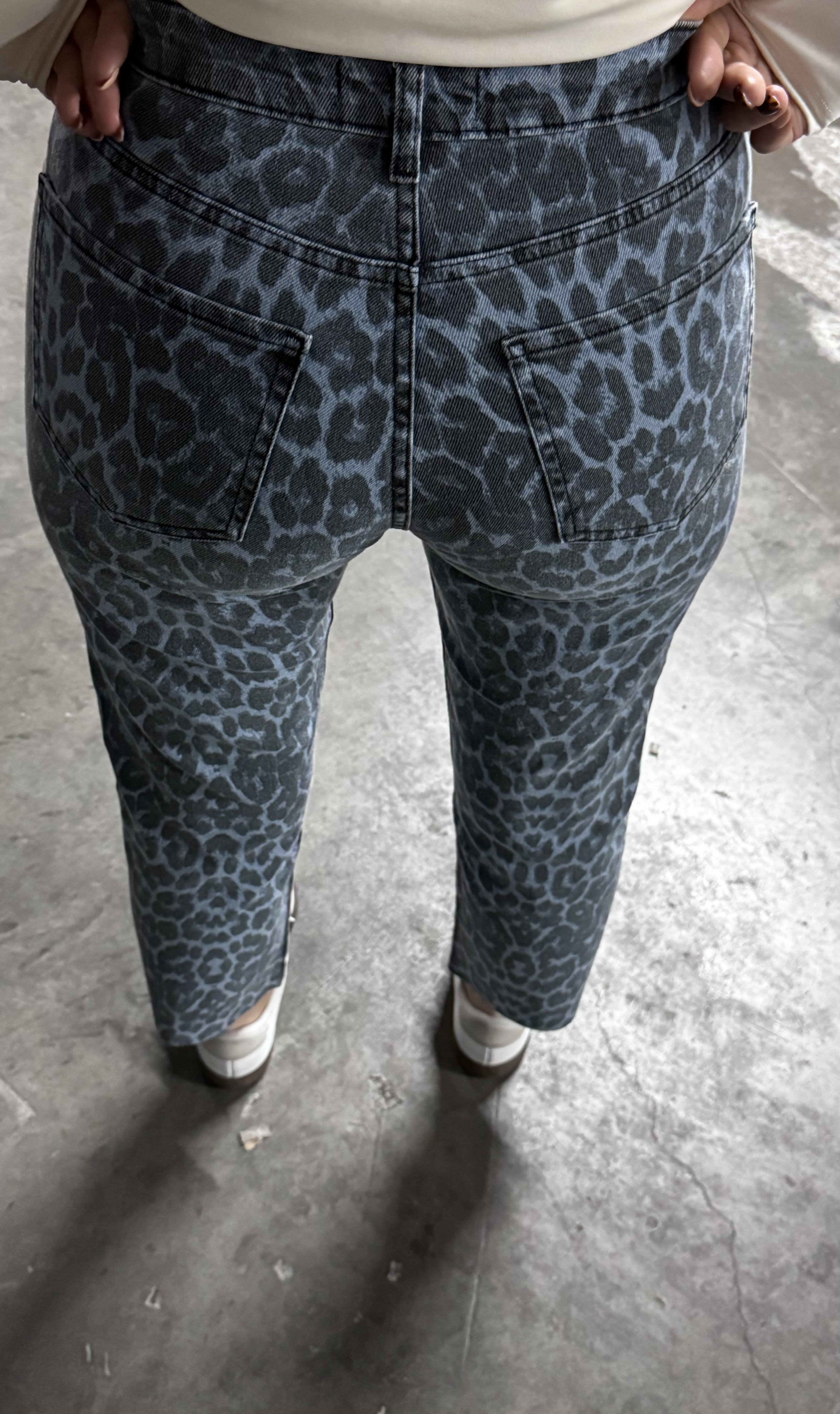 Leopar  Desenli Kesik Jean-Mavi