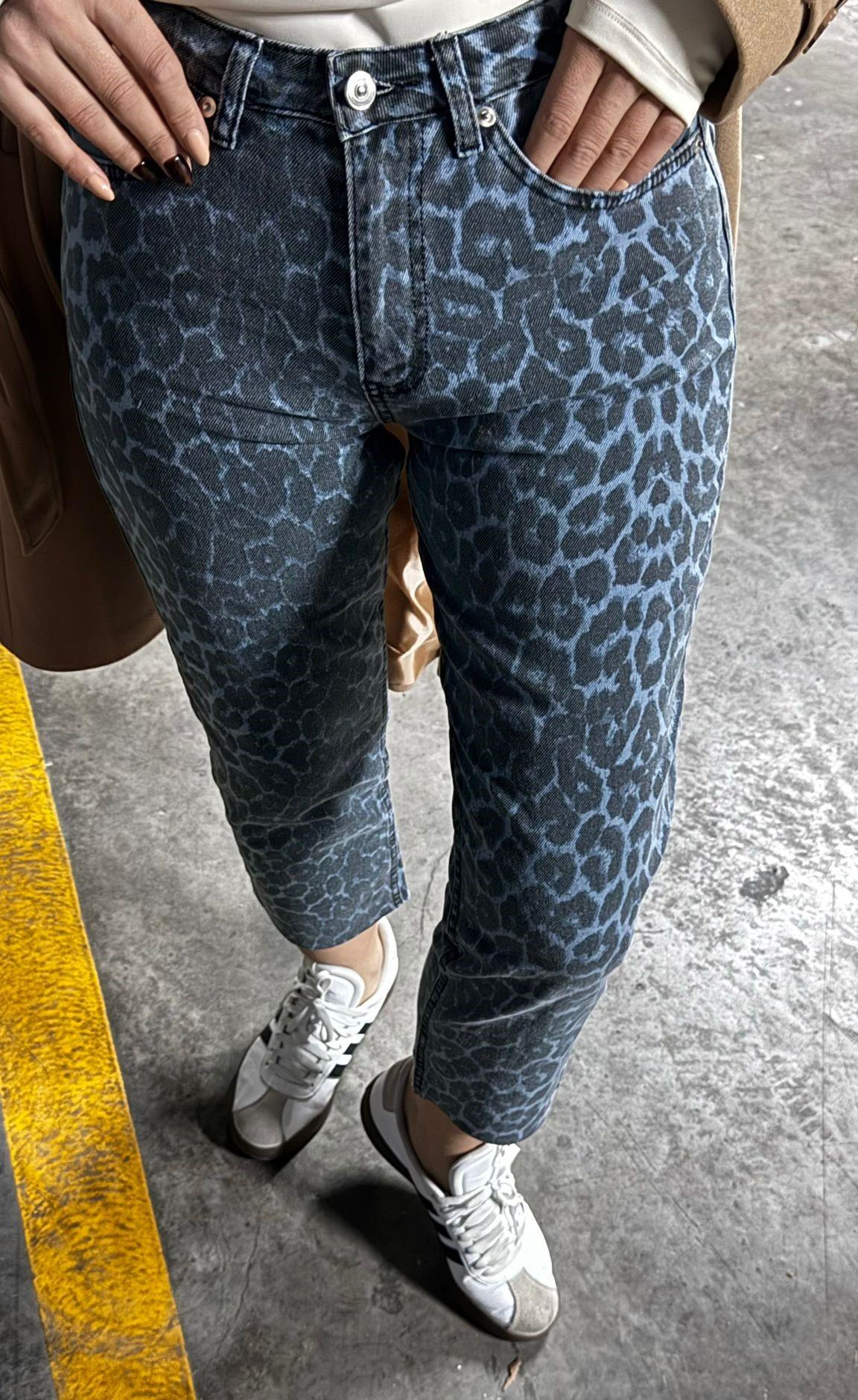 Leopar  Desenli Kesik Jean-Mavi