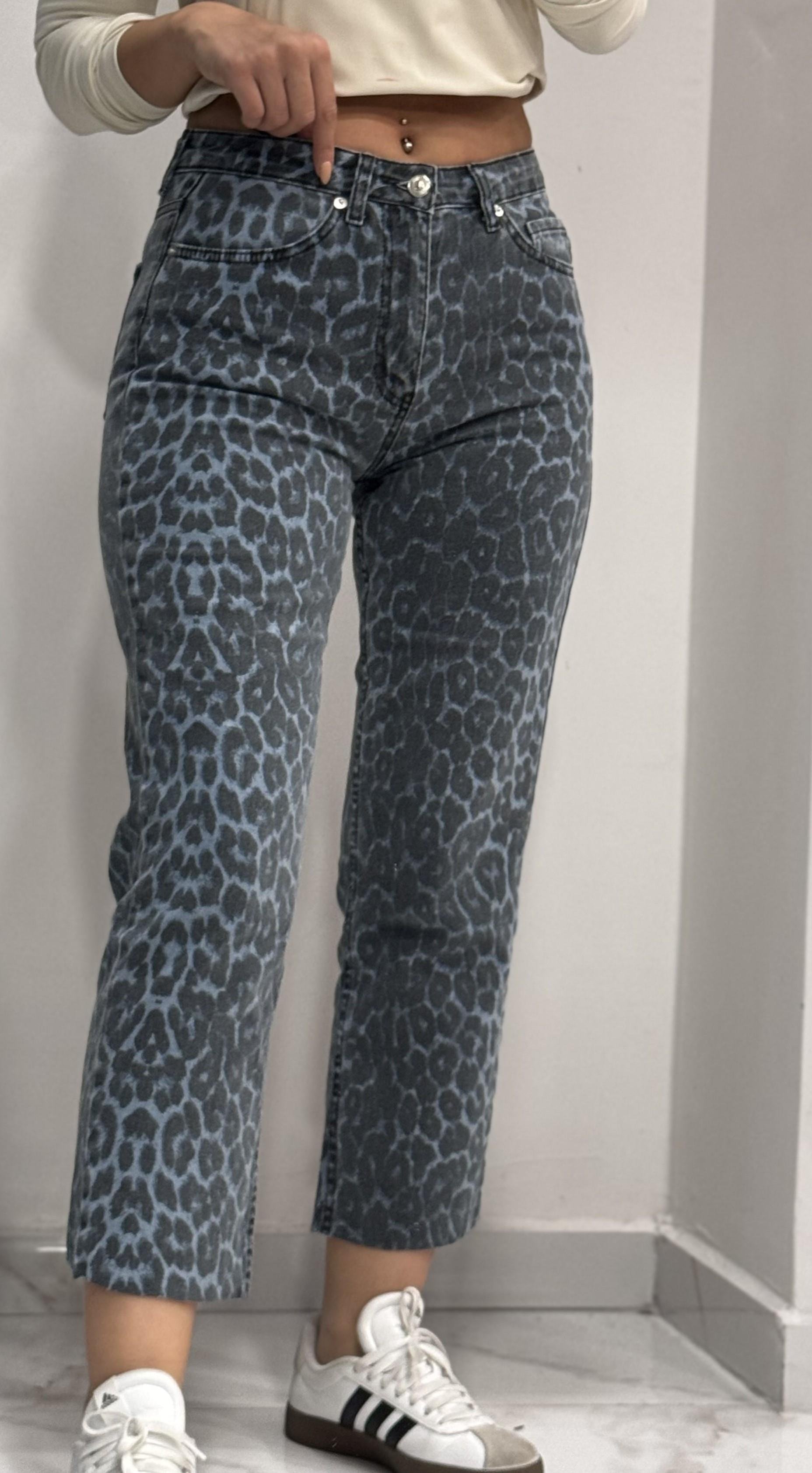 Leopar  Desenli Kesik Jean-Mavi