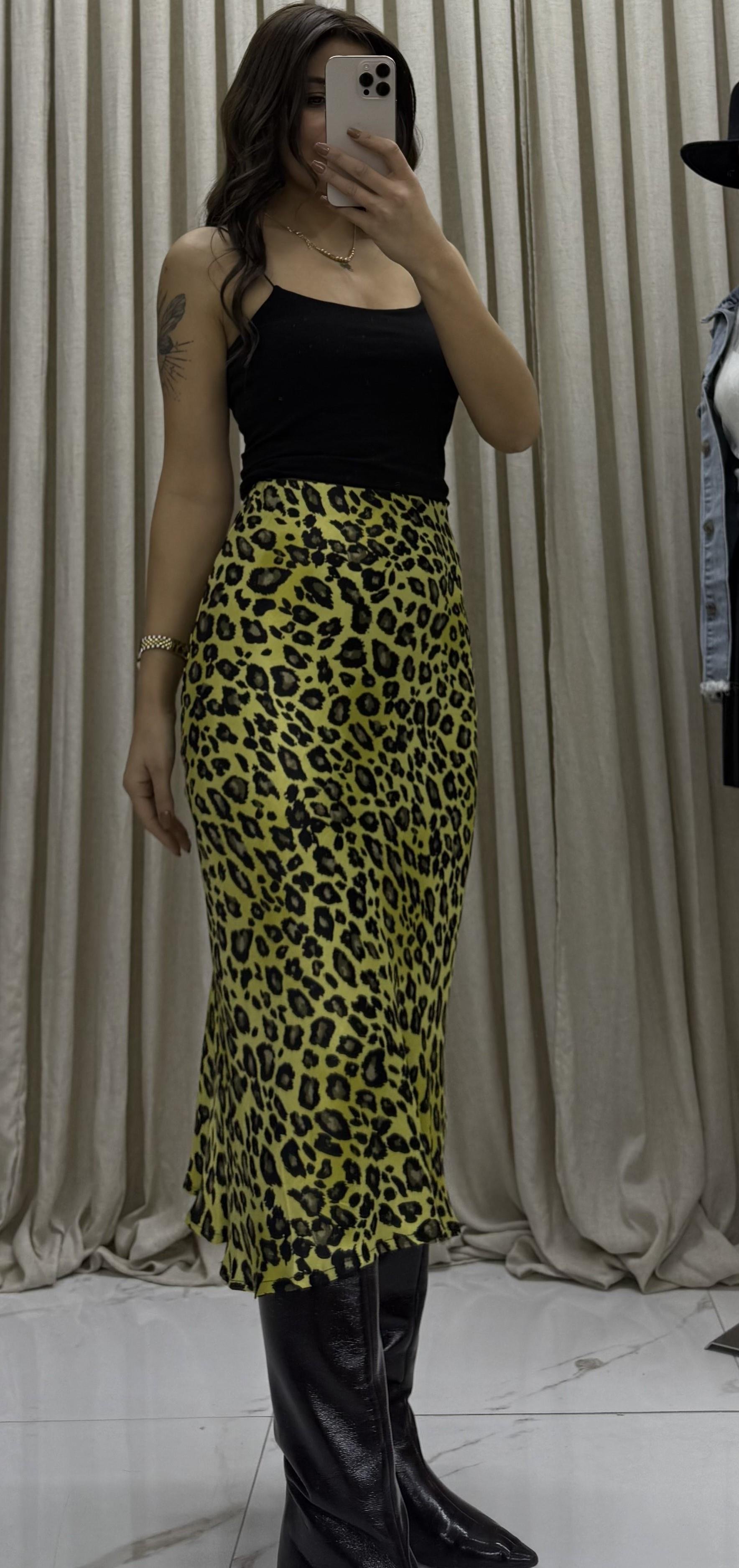 Leopar Desenli Saten Etek -Yeşil