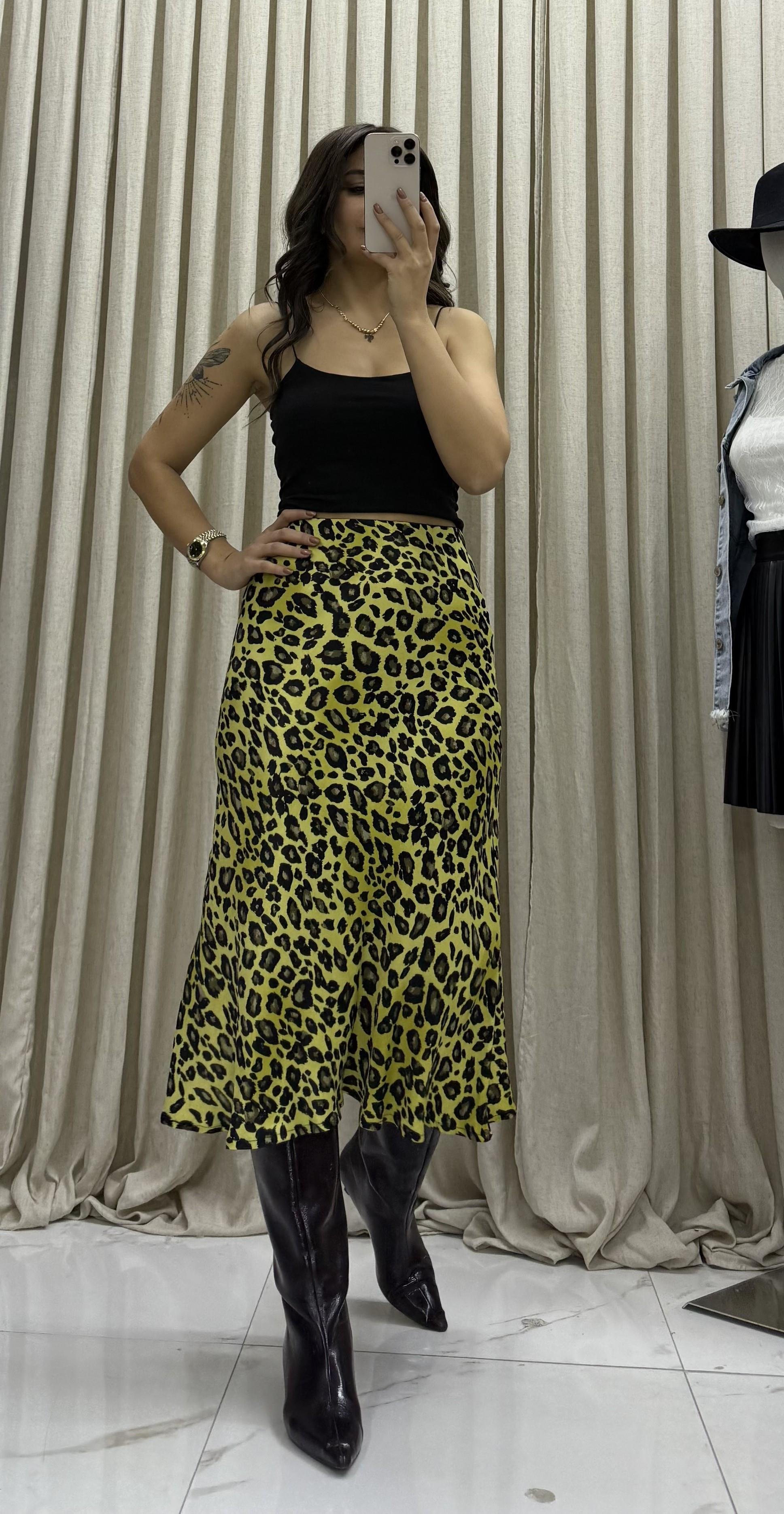 Leopar Desenli Saten Etek -Yeşil